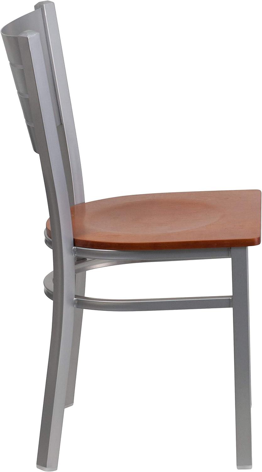 imageFlash Furniture HERCULES Series Silver Slat Back Metal Restaurant Chair Black Vinyl SeatCherry Wood SeatSilver Frame