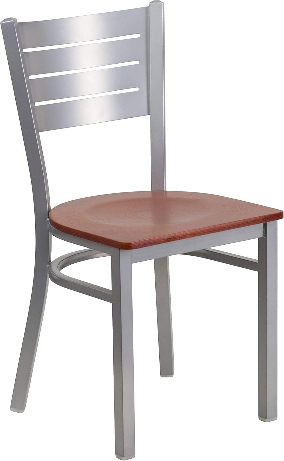 imageFlash Furniture HERCULES Series Silver Slat Back Metal Restaurant Chair Black Vinyl SeatCherry Wood SeatSilver Frame