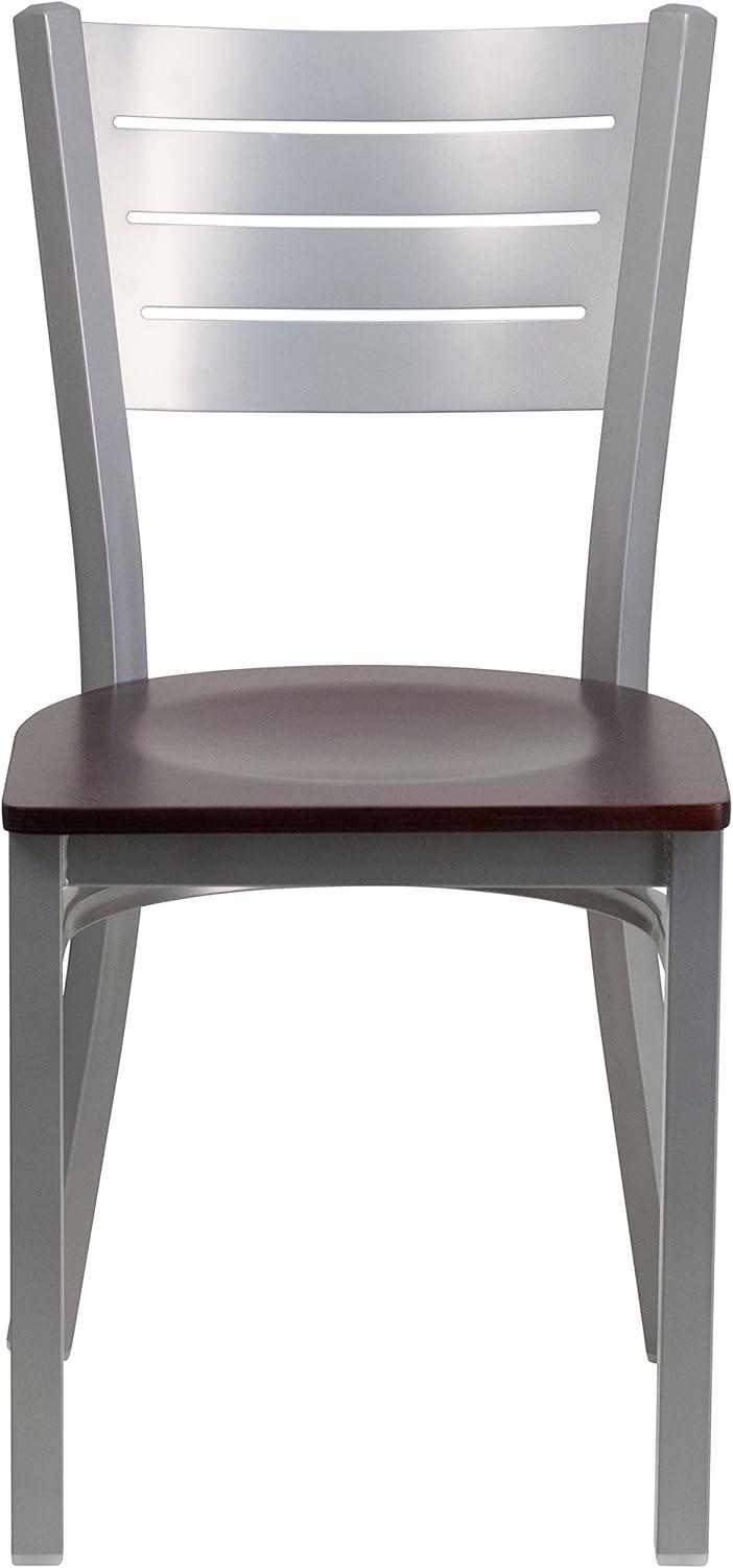 imageFlash Furniture HERCULES Series Silver Slat Back Metal Restaurant Chair Black Vinyl SeatMahogany Wood Seat