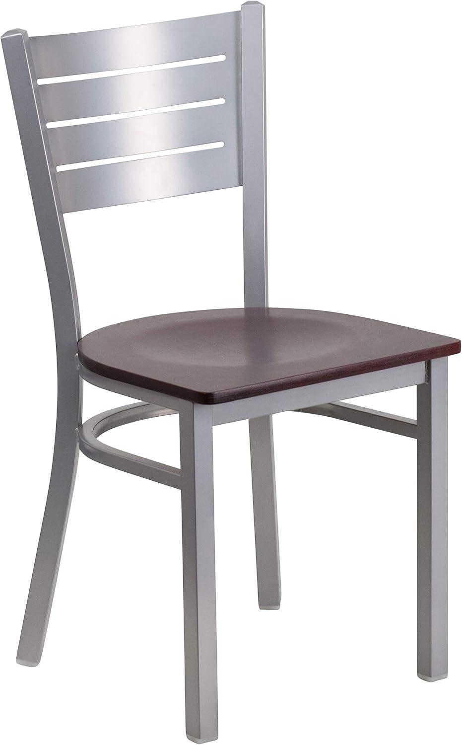 imageFlash Furniture HERCULES Series Silver Slat Back Metal Restaurant Chair Black Vinyl SeatMahogany Wood SeatSilver Frame