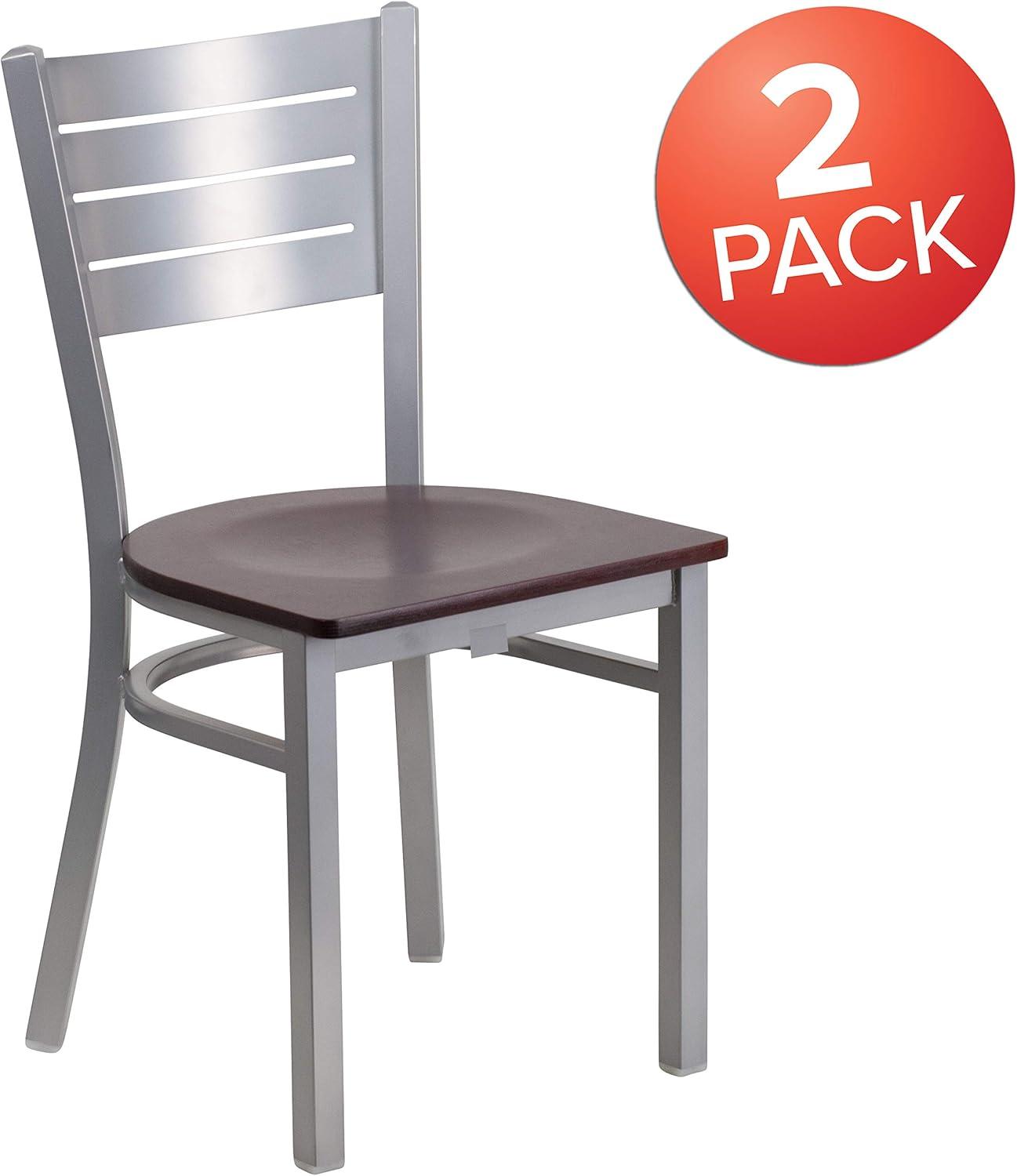 imageFlash Furniture HERCULES Series Silver Slat Back Metal Restaurant Chair Black Vinyl SeatMahogany Wood SeatSilver Frame