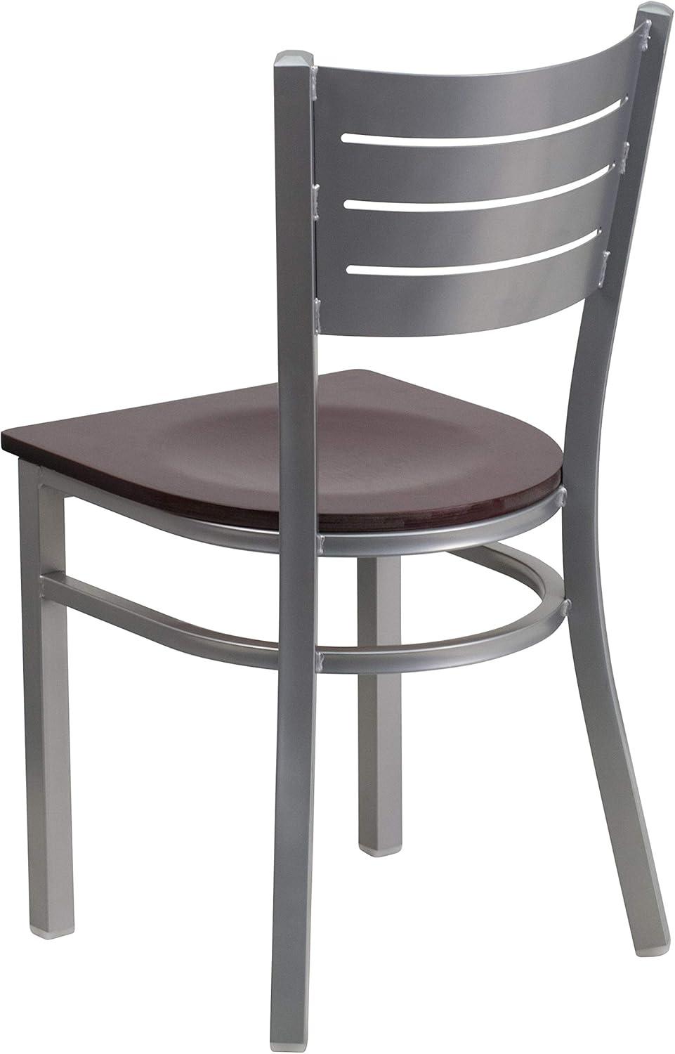 imageFlash Furniture HERCULES Series Silver Slat Back Metal Restaurant Chair Black Vinyl SeatMahogany Wood SeatSilver Frame