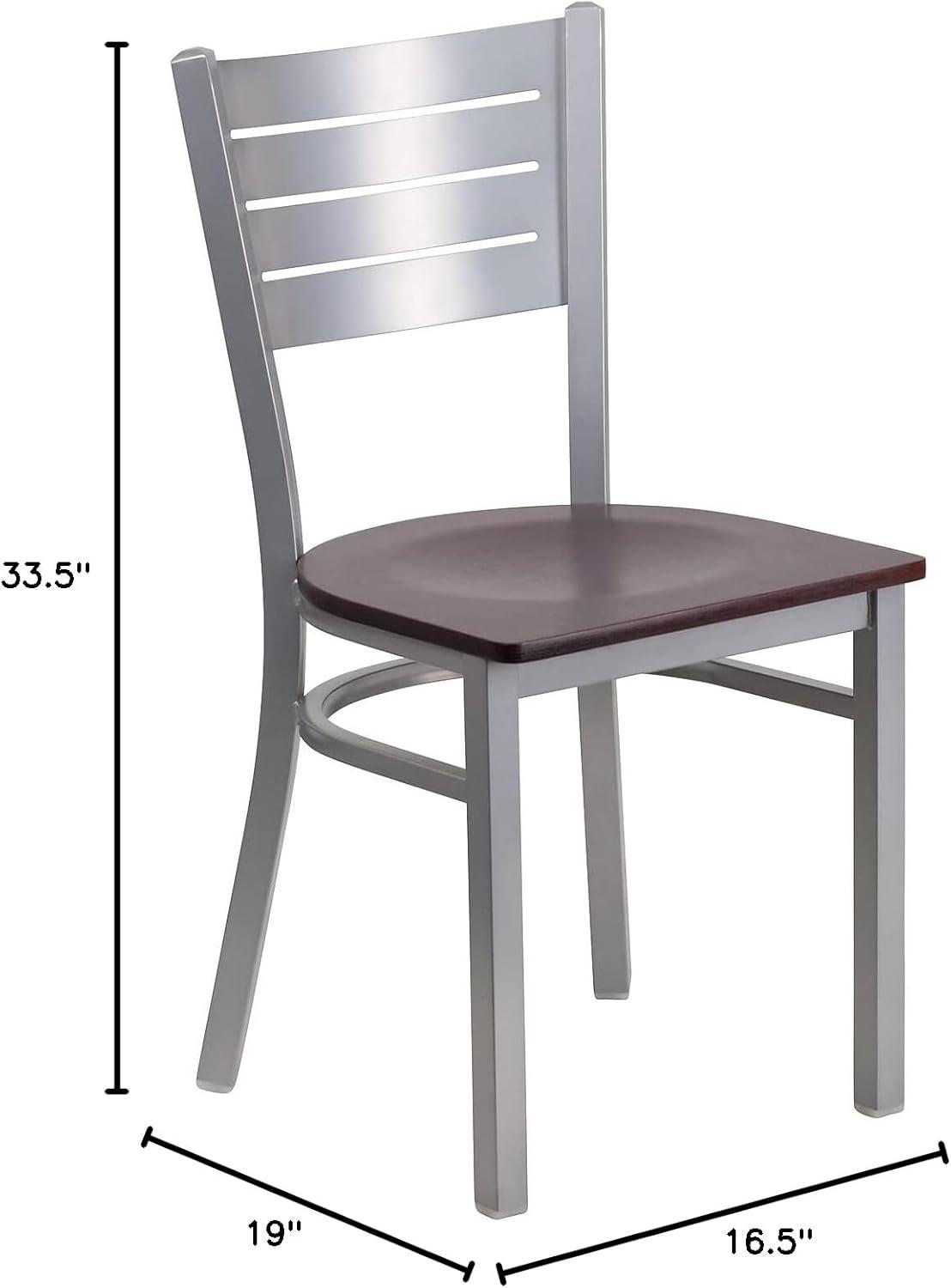 imageFlash Furniture HERCULES Series Silver Slat Back Metal Restaurant Chair Black Vinyl SeatMahogany Wood SeatSilver Frame