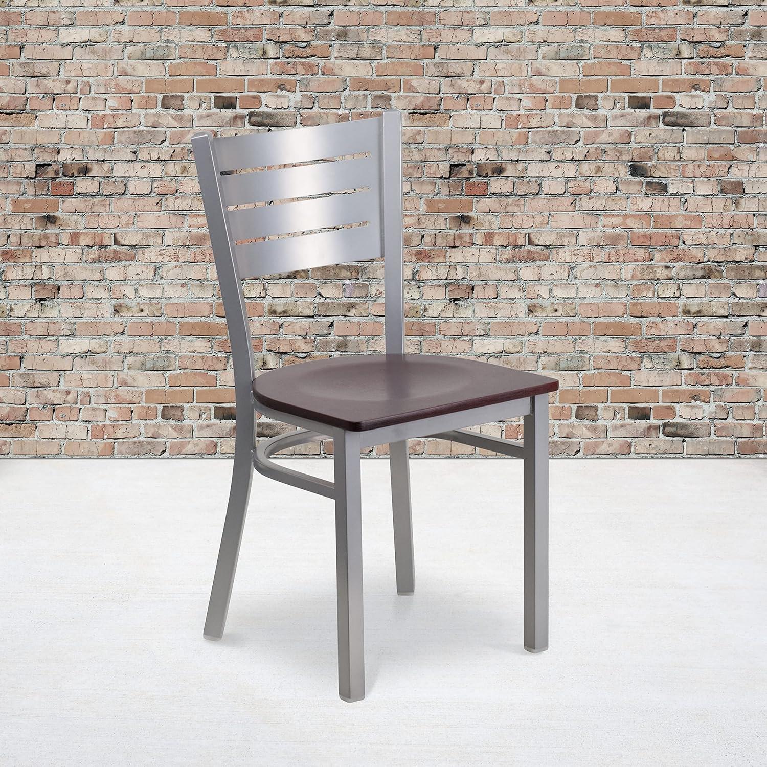 imageFlash Furniture HERCULES Series Silver Slat Back Metal Restaurant Chair Black Vinyl SeatMahogany Wood SeatSilver Frame