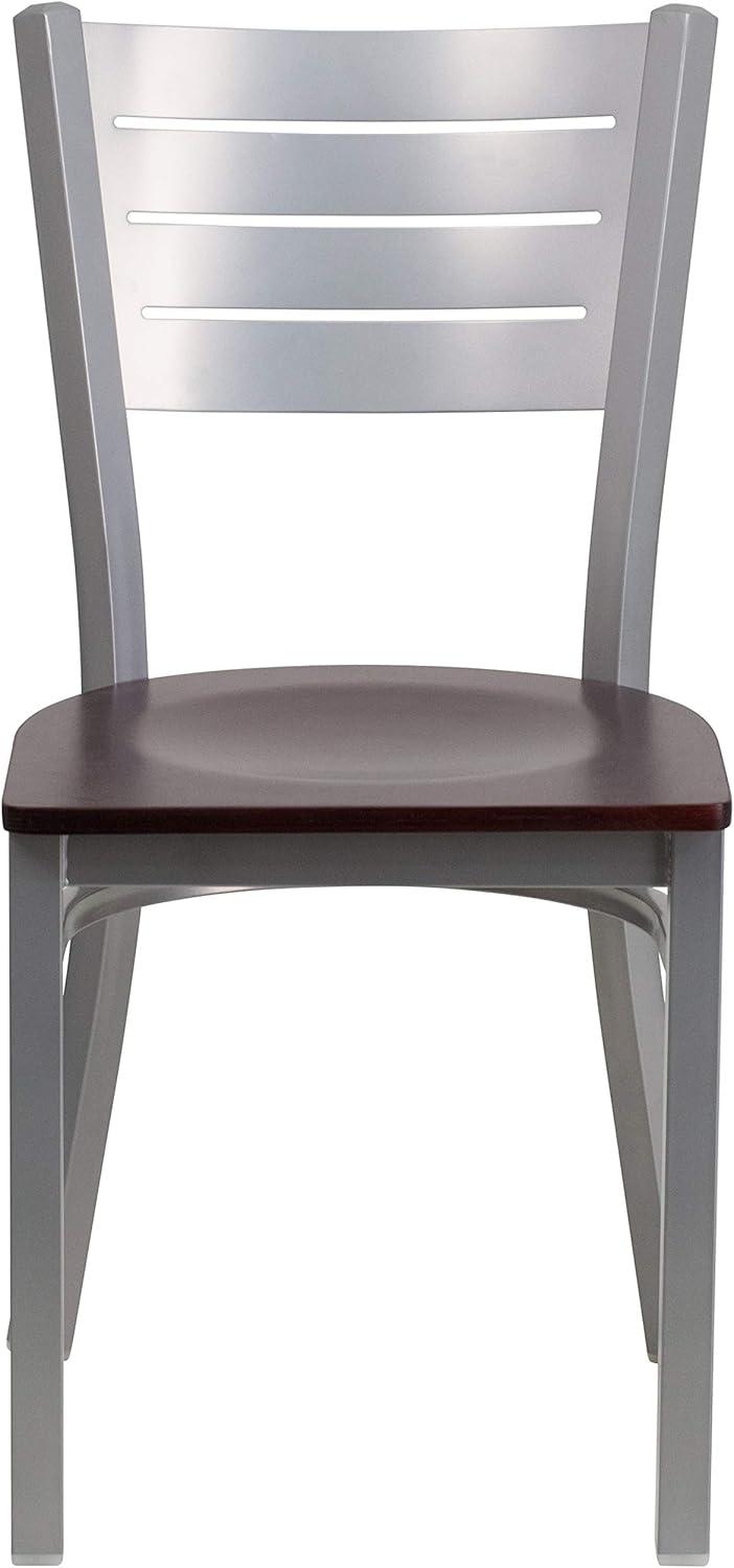 imageFlash Furniture HERCULES Series Silver Slat Back Metal Restaurant Chair Black Vinyl SeatMahogany Wood SeatSilver Frame