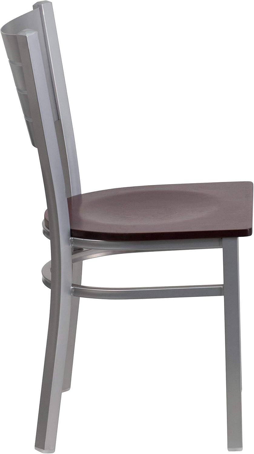 imageFlash Furniture HERCULES Series Silver Slat Back Metal Restaurant Chair Black Vinyl SeatMahogany Wood SeatSilver Frame