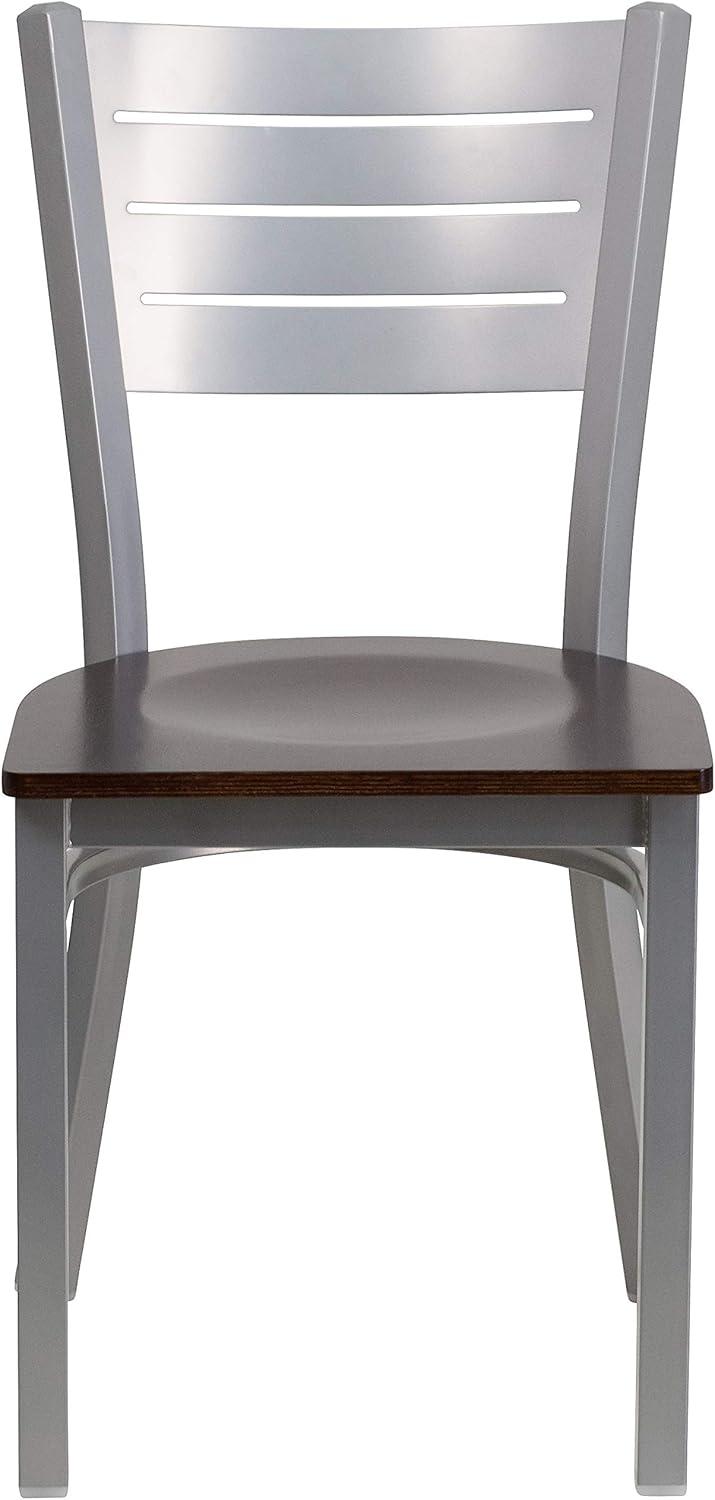 imageFlash Furniture HERCULES Series Silver Slat Back Metal Restaurant Chair Black Vinyl SeatWalnut Wood Seat