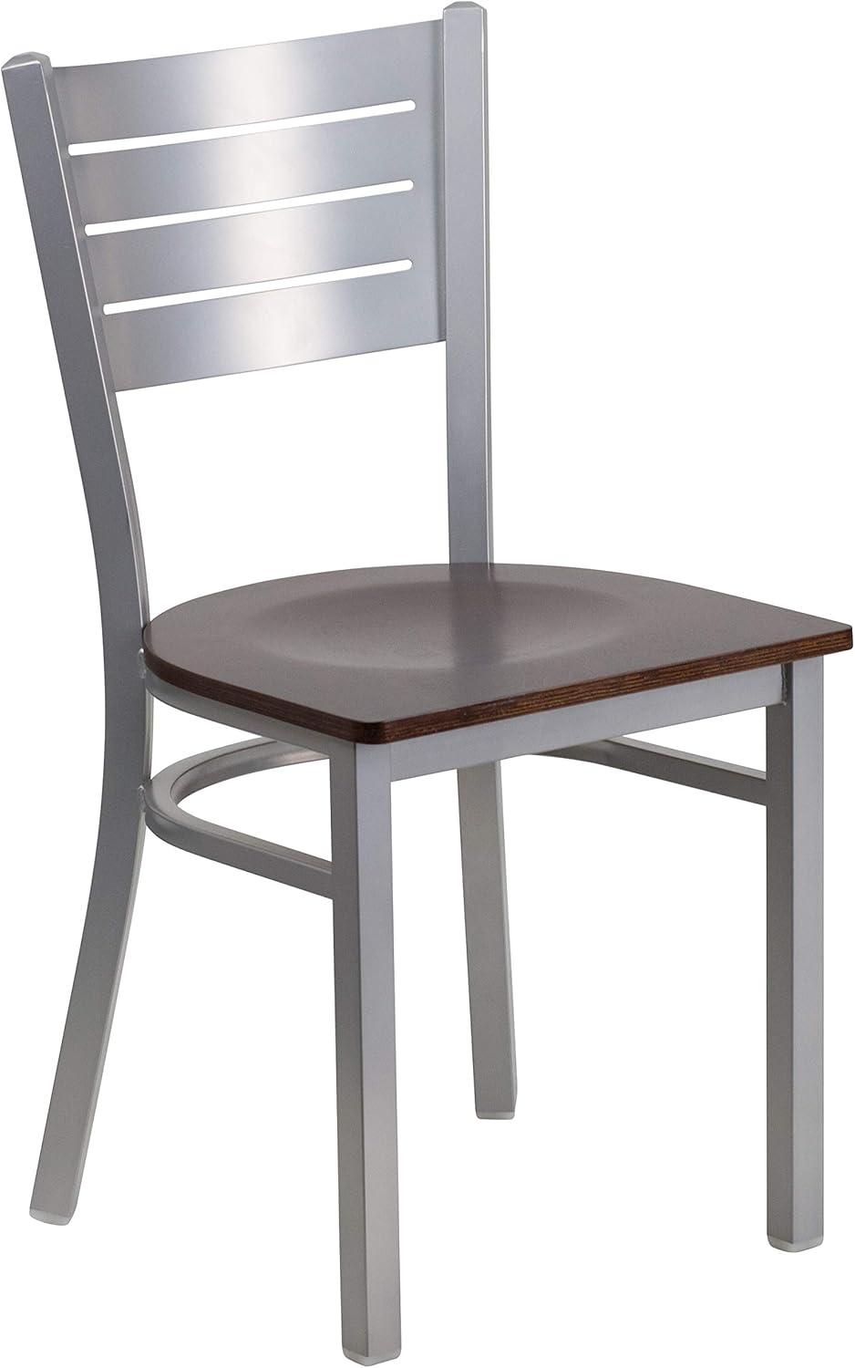 imageFlash Furniture HERCULES Series Silver Slat Back Metal Restaurant Chair Black Vinyl SeatWalnut Wood SeatSilver Frame