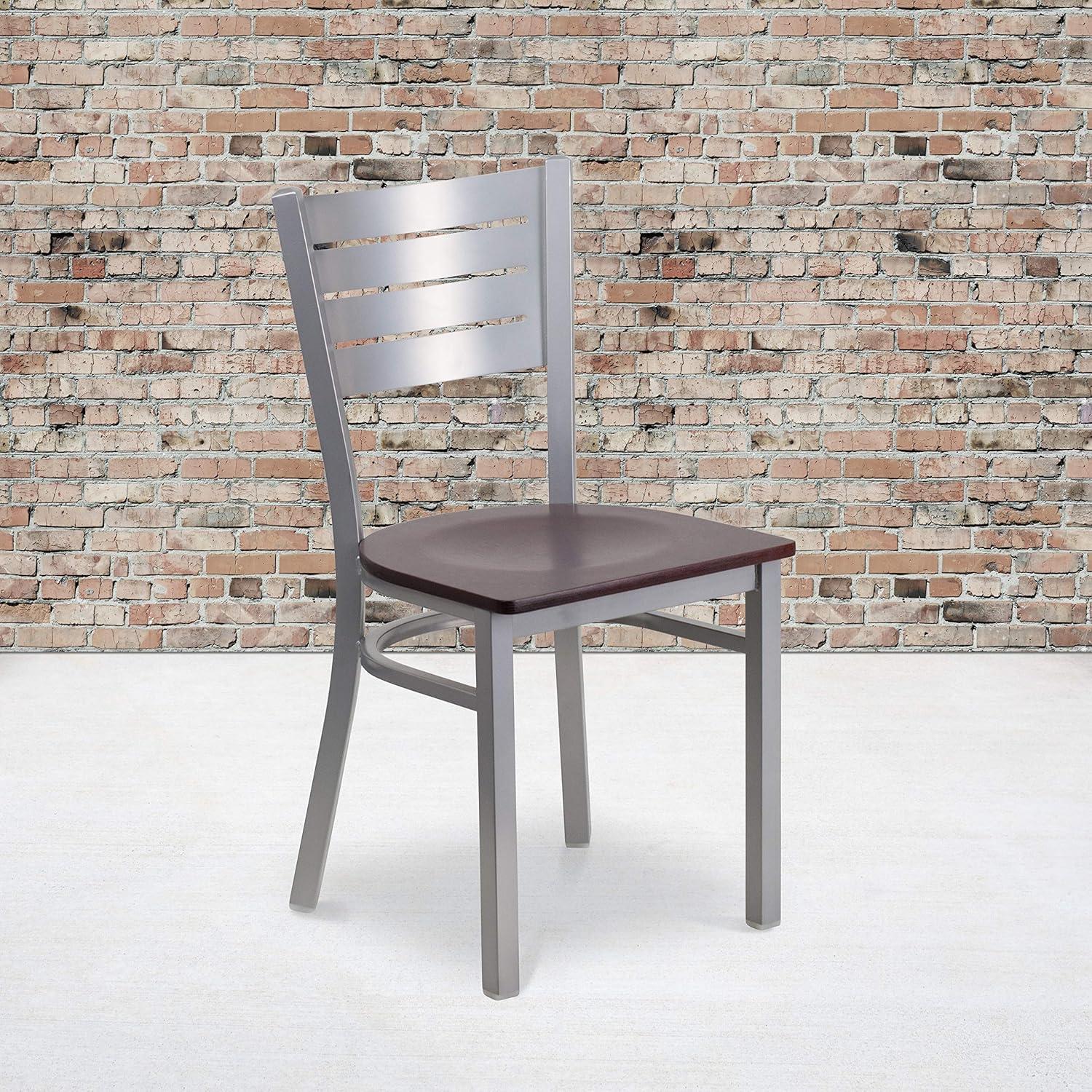 imageFlash Furniture HERCULES Series Silver Slat Back Metal Restaurant Chair Black Vinyl SeatWalnut Wood SeatSilver Frame