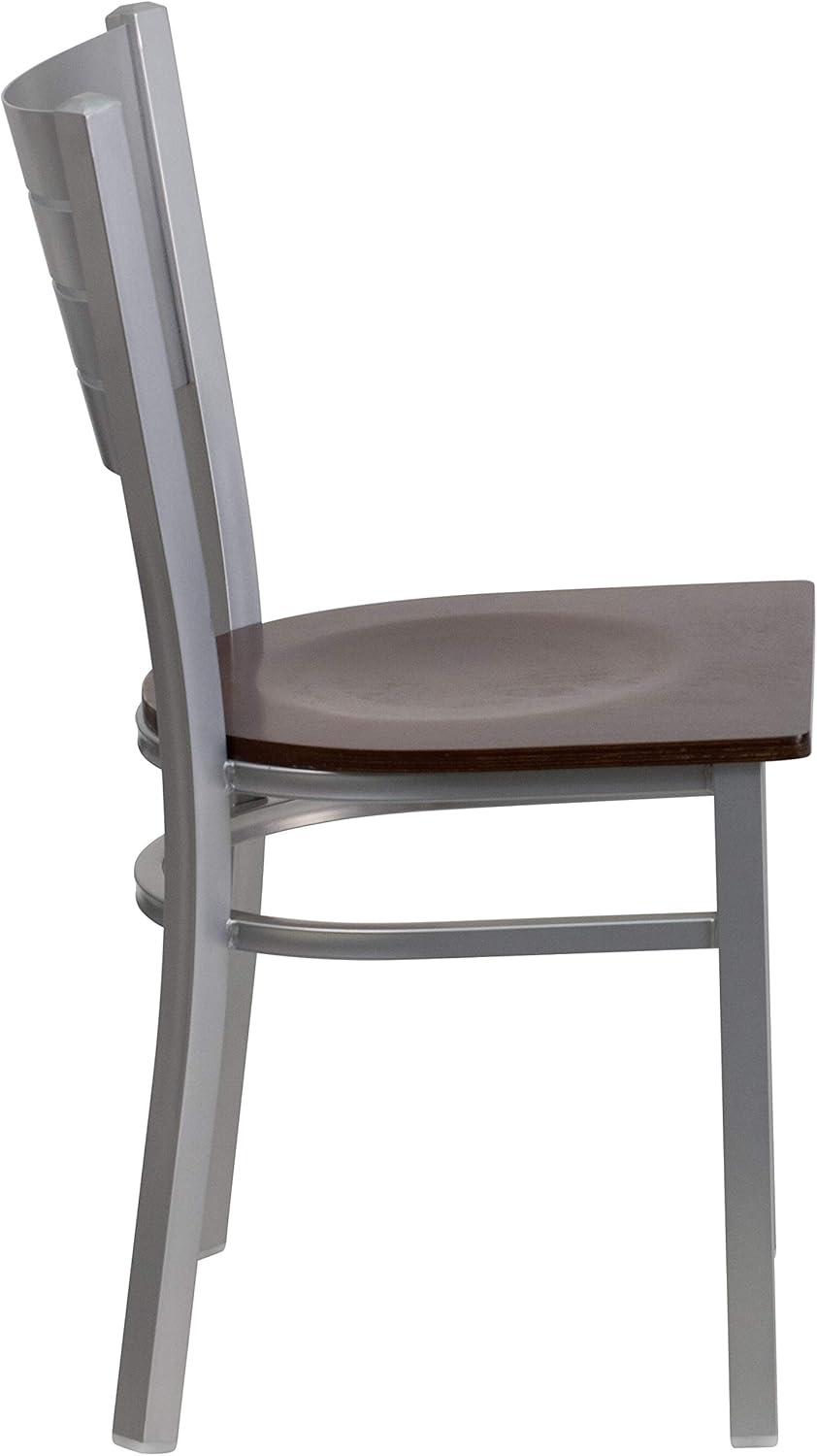 imageFlash Furniture HERCULES Series Silver Slat Back Metal Restaurant Chair Black Vinyl SeatWalnut Wood SeatSilver Frame