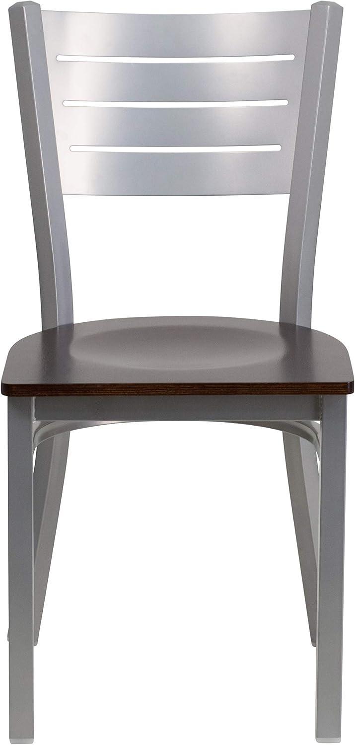 imageFlash Furniture HERCULES Series Silver Slat Back Metal Restaurant Chair Black Vinyl SeatWalnut Wood SeatSilver Frame