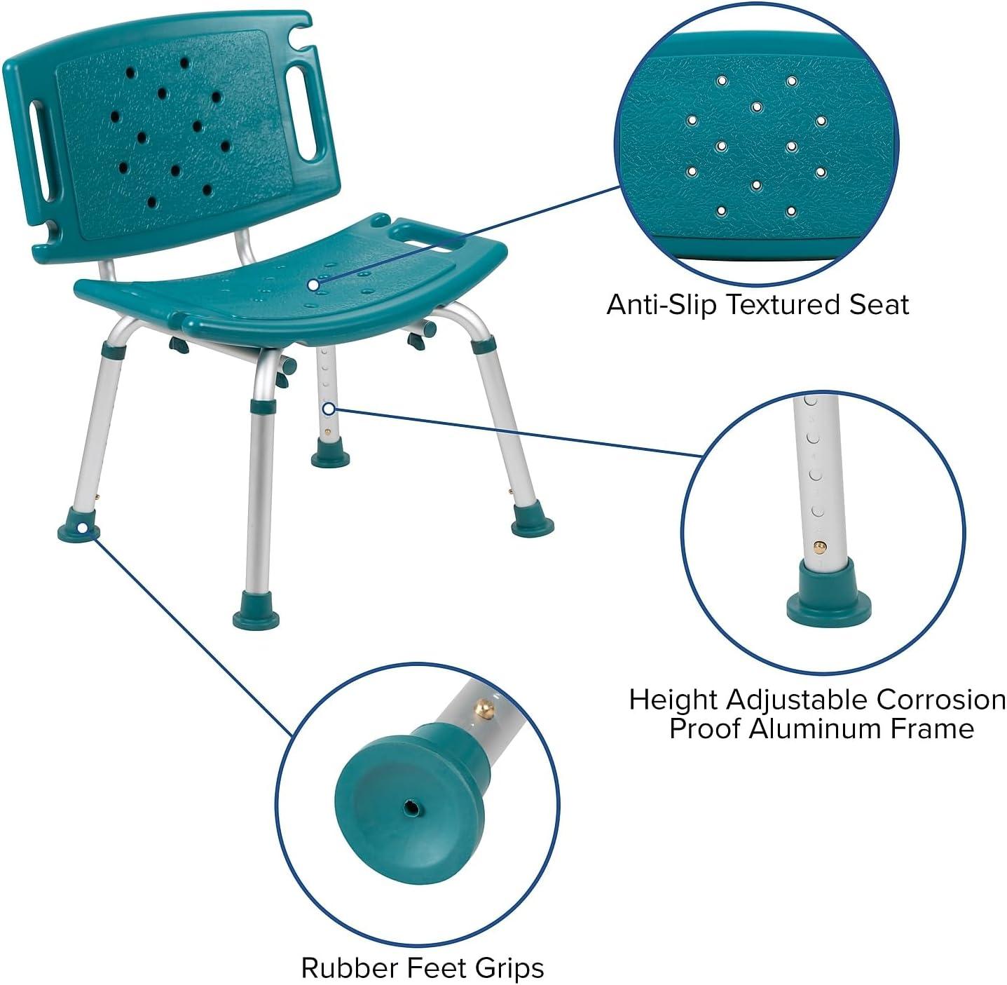 imageFlash Furniture HERCULES Series ToolFree and Quick Assembly 300 Lb Capacity Adjustable Gray Bath ampamp Shower Chair with Extra Large BackTeal