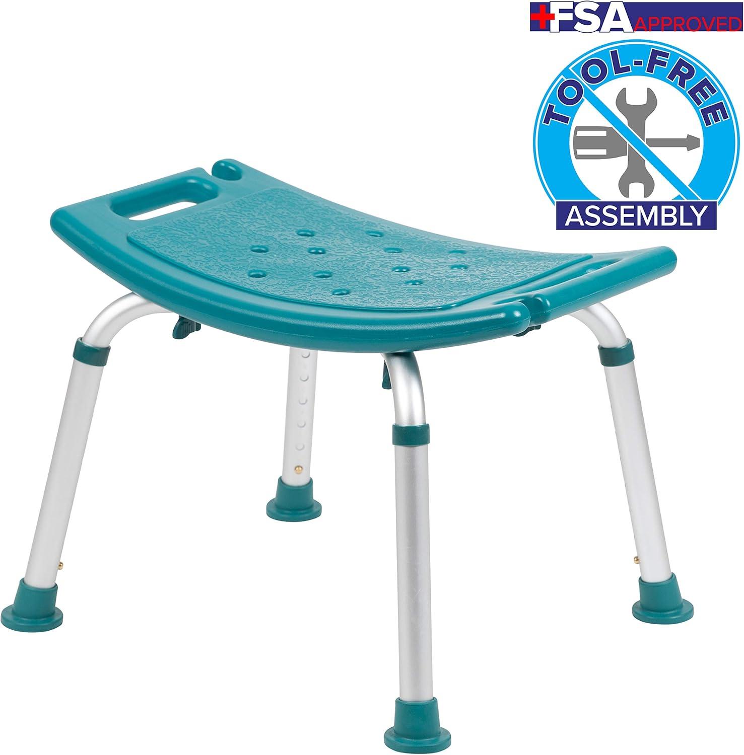 imageFlash Furniture HERCULES Series ToolFree and Quick Assembly 300 Lb Capacity Adjustable Gray Bath ampamp Shower Chair with Extra Large BackTeal
