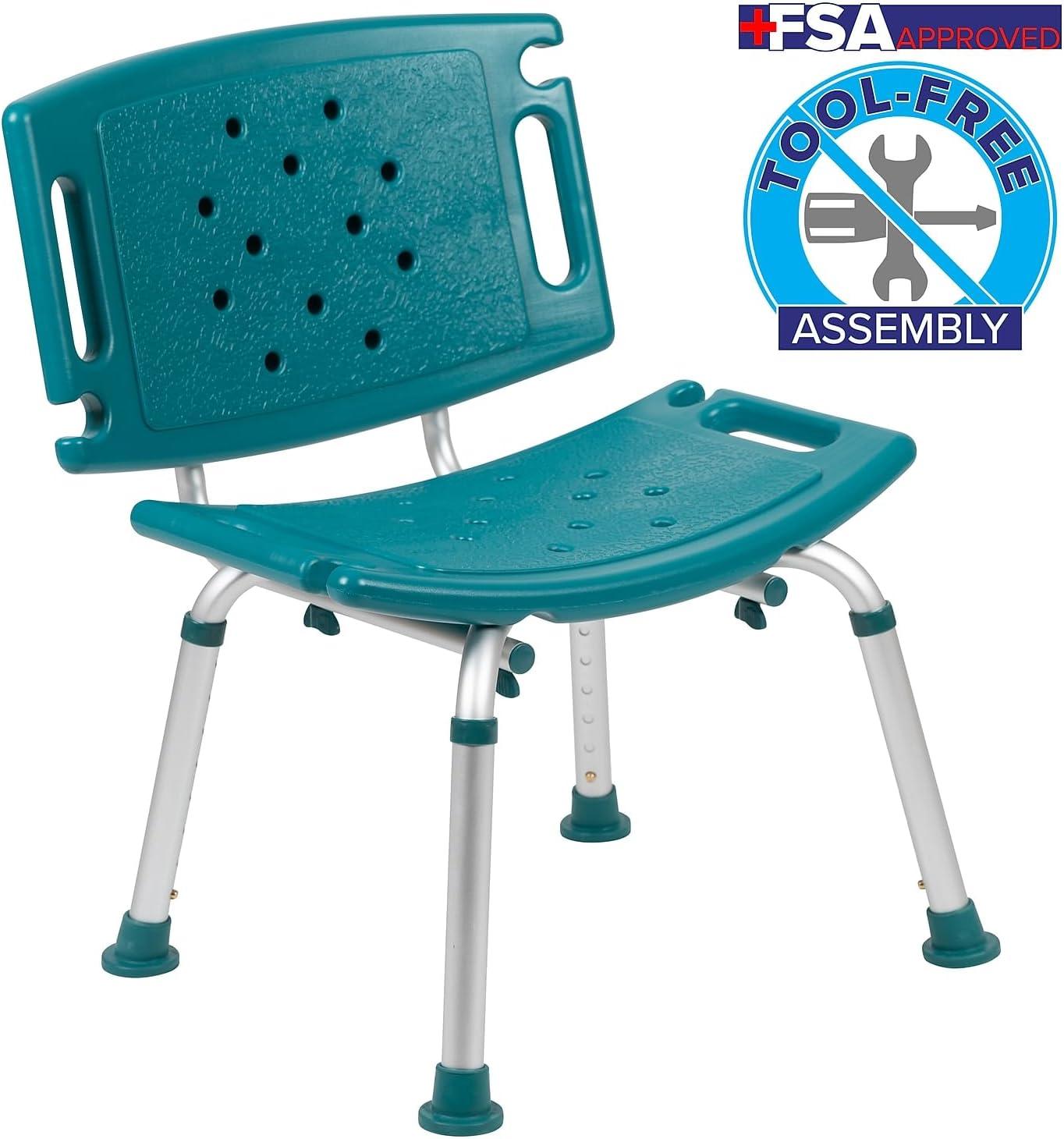 imageFlash Furniture HERCULES Series ToolFree and Quick Assembly 300 Lb Capacity Adjustable Gray Bath ampamp Shower Chair with Extra Large BackTeal