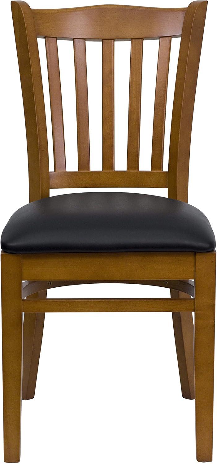 imageFlash Furniture HERCULES Series Vertical Slat Back Walnut Wood Restaurant ChairBlack Vinyl SeatCherry Wood Frame