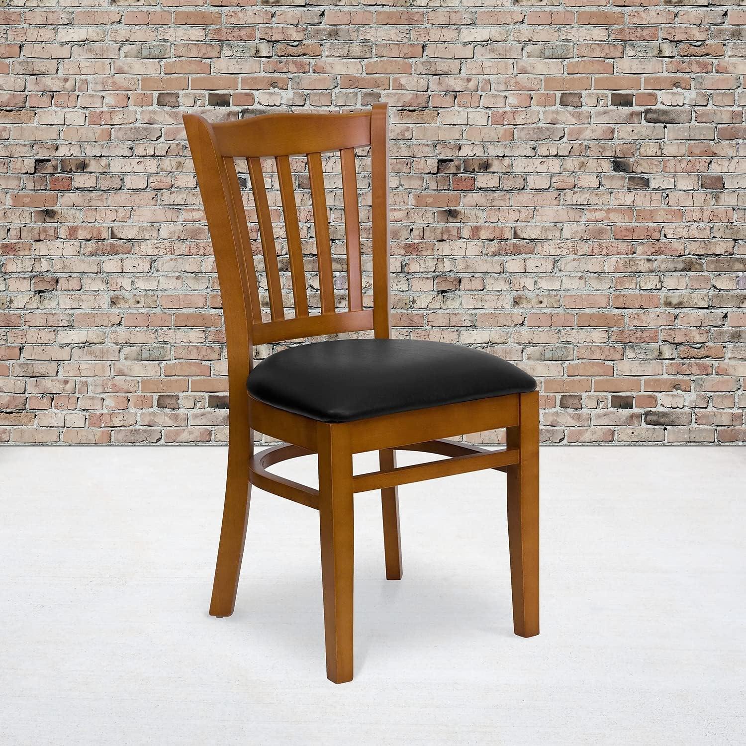 imageFlash Furniture HERCULES Series Vertical Slat Back Walnut Wood Restaurant ChairBlack Vinyl SeatCherry Wood Frame