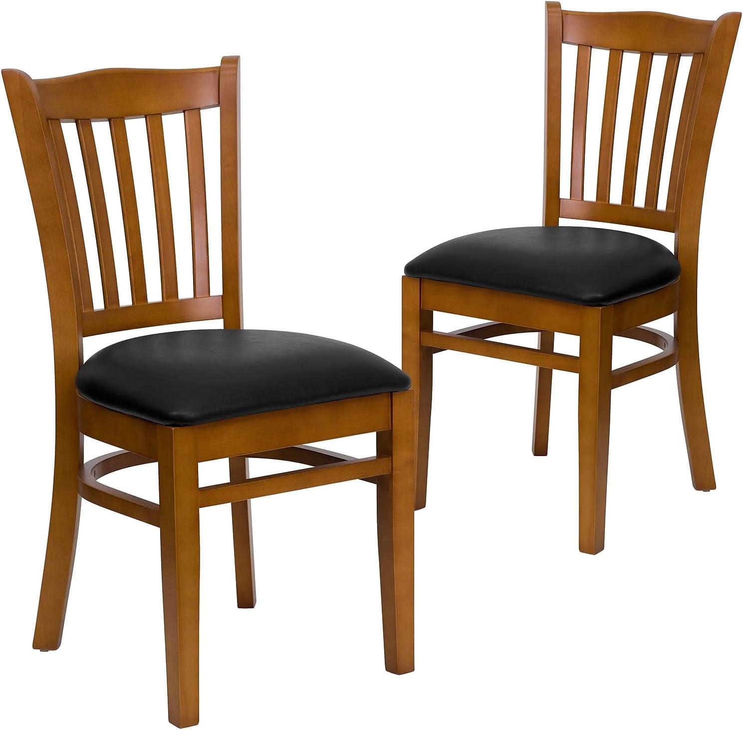 imageFlash Furniture HERCULES Series Vertical Slat Back Walnut Wood Restaurant ChairBlack Vinyl SeatCherry Wood Frame