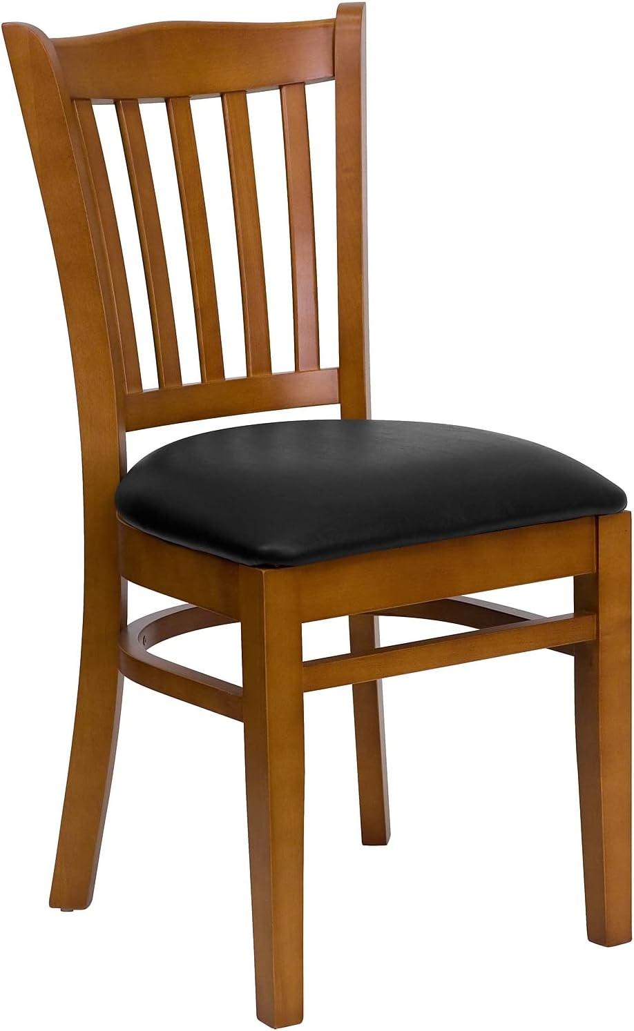 imageFlash Furniture HERCULES Series Vertical Slat Back Walnut Wood Restaurant ChairBlack Vinyl SeatCherry Wood Frame
