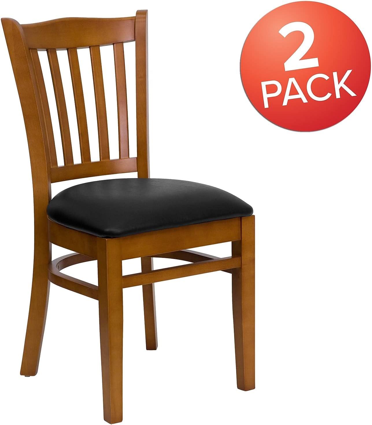 imageFlash Furniture HERCULES Series Vertical Slat Back Walnut Wood Restaurant ChairBlack Vinyl SeatCherry Wood Frame