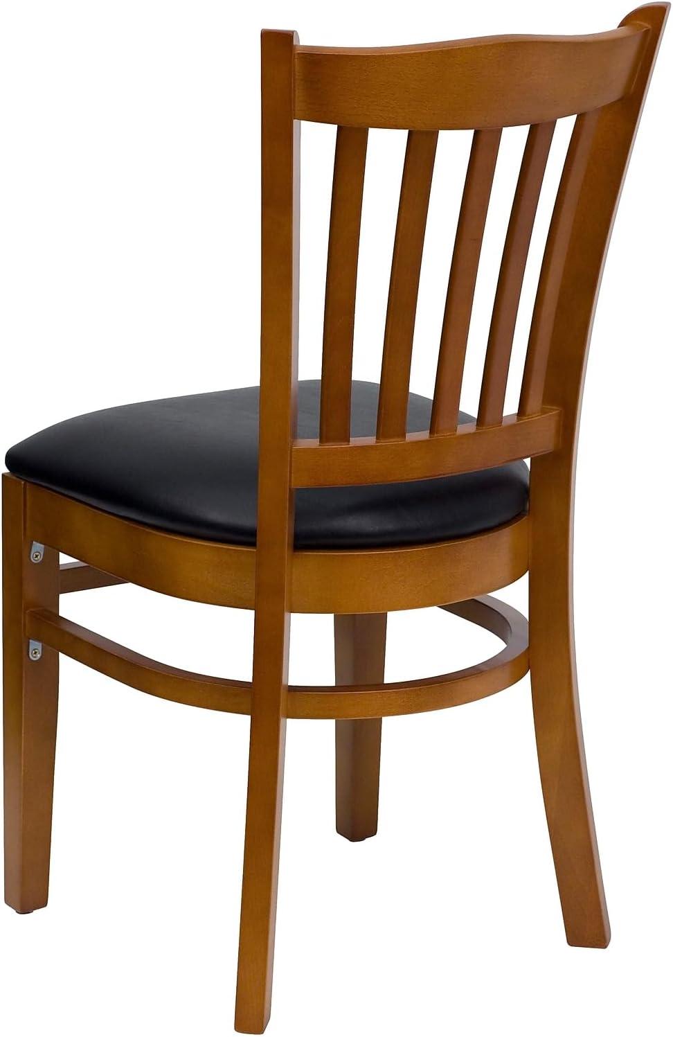 imageFlash Furniture HERCULES Series Vertical Slat Back Walnut Wood Restaurant ChairBlack Vinyl SeatCherry Wood Frame