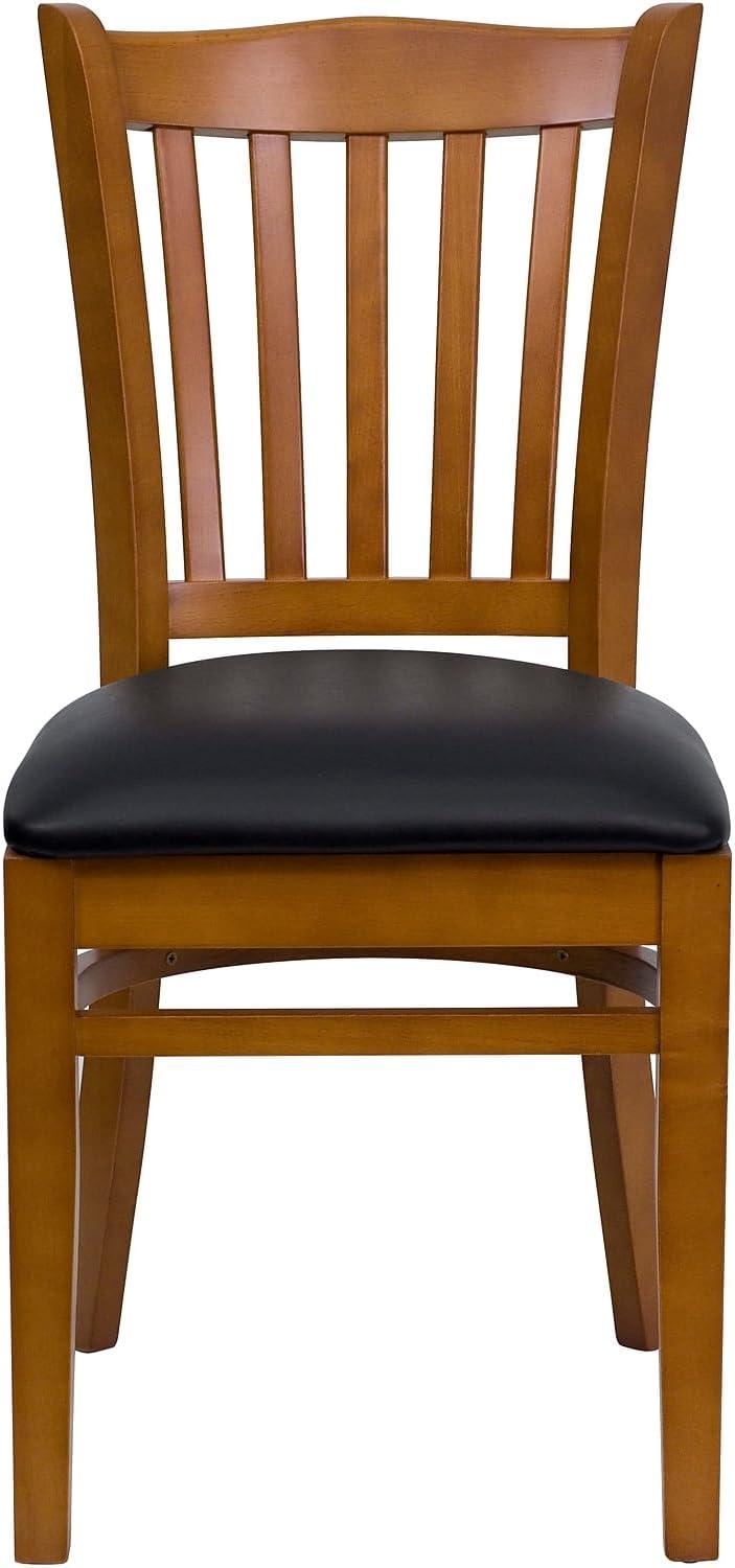 imageFlash Furniture HERCULES Series Vertical Slat Back Walnut Wood Restaurant ChairBlack Vinyl SeatCherry Wood Frame