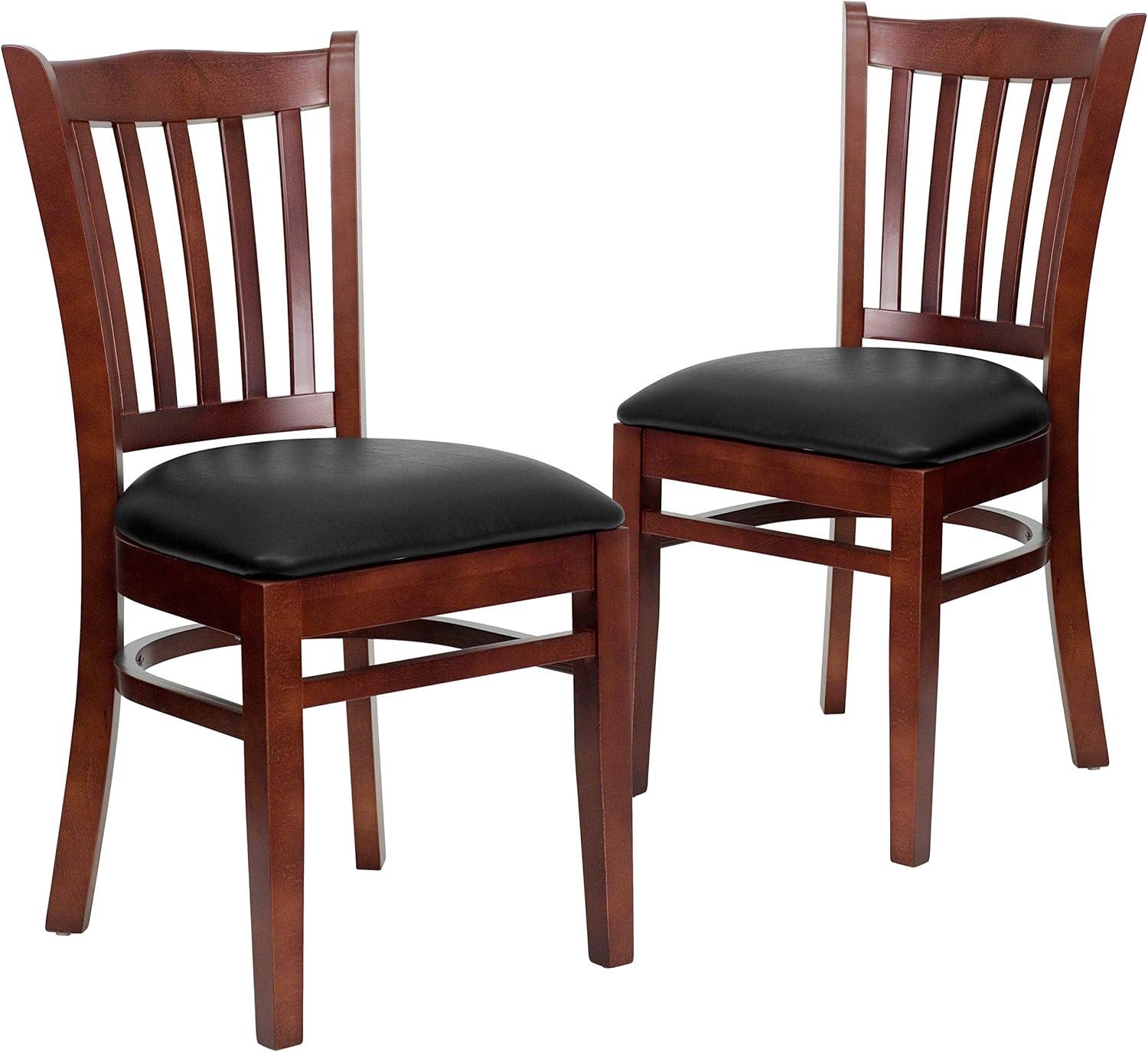imageFlash Furniture HERCULES Series Vertical Slat Back Walnut Wood Restaurant ChairBlack Vinyl SeatMahogany Wood Frame