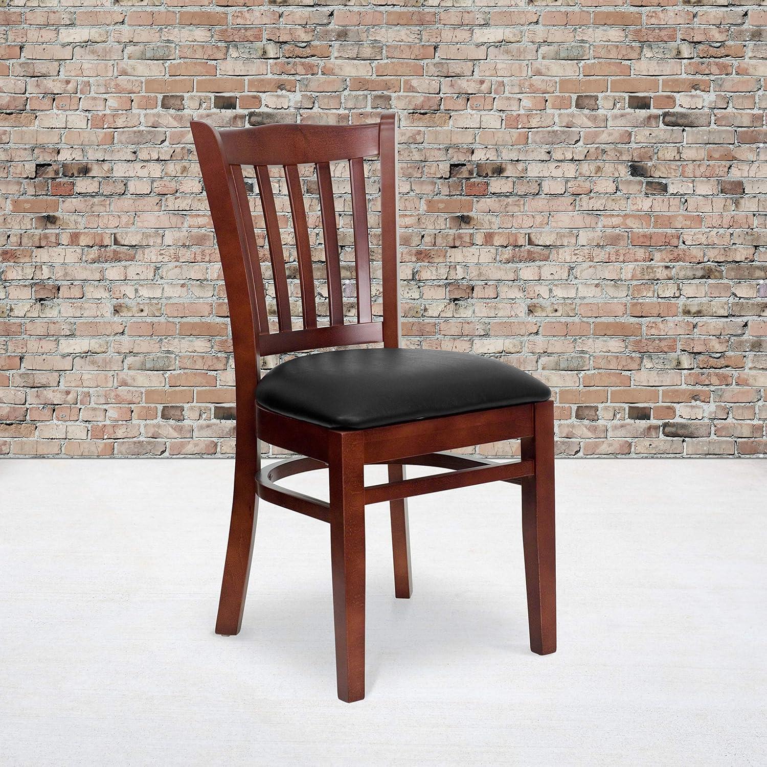 imageFlash Furniture HERCULES Series Vertical Slat Back Walnut Wood Restaurant ChairBlack Vinyl SeatMahogany Wood Frame