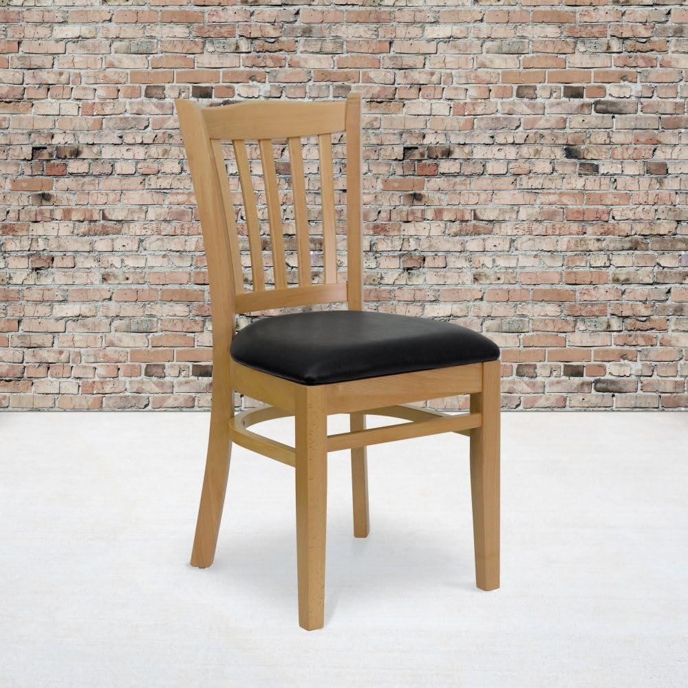 imageFlash Furniture HERCULES Series Vertical Slat Back Walnut Wood Restaurant ChairBlack Vinyl SeatNatural Wood Frame