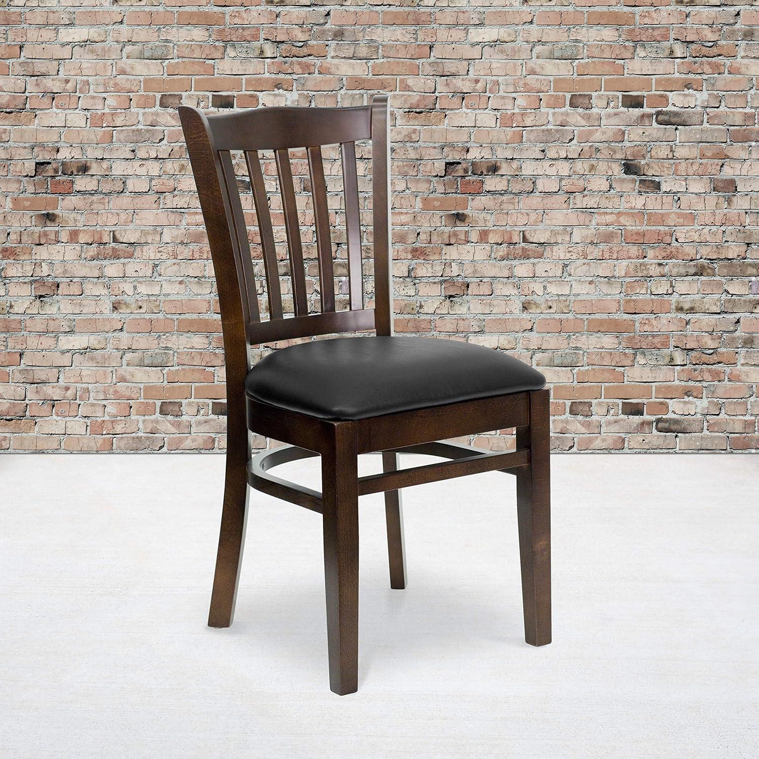 imageFlash Furniture HERCULES Series Vertical Slat Back Walnut Wood Restaurant ChairBlack Vinyl SeatWalnut Wood Frame