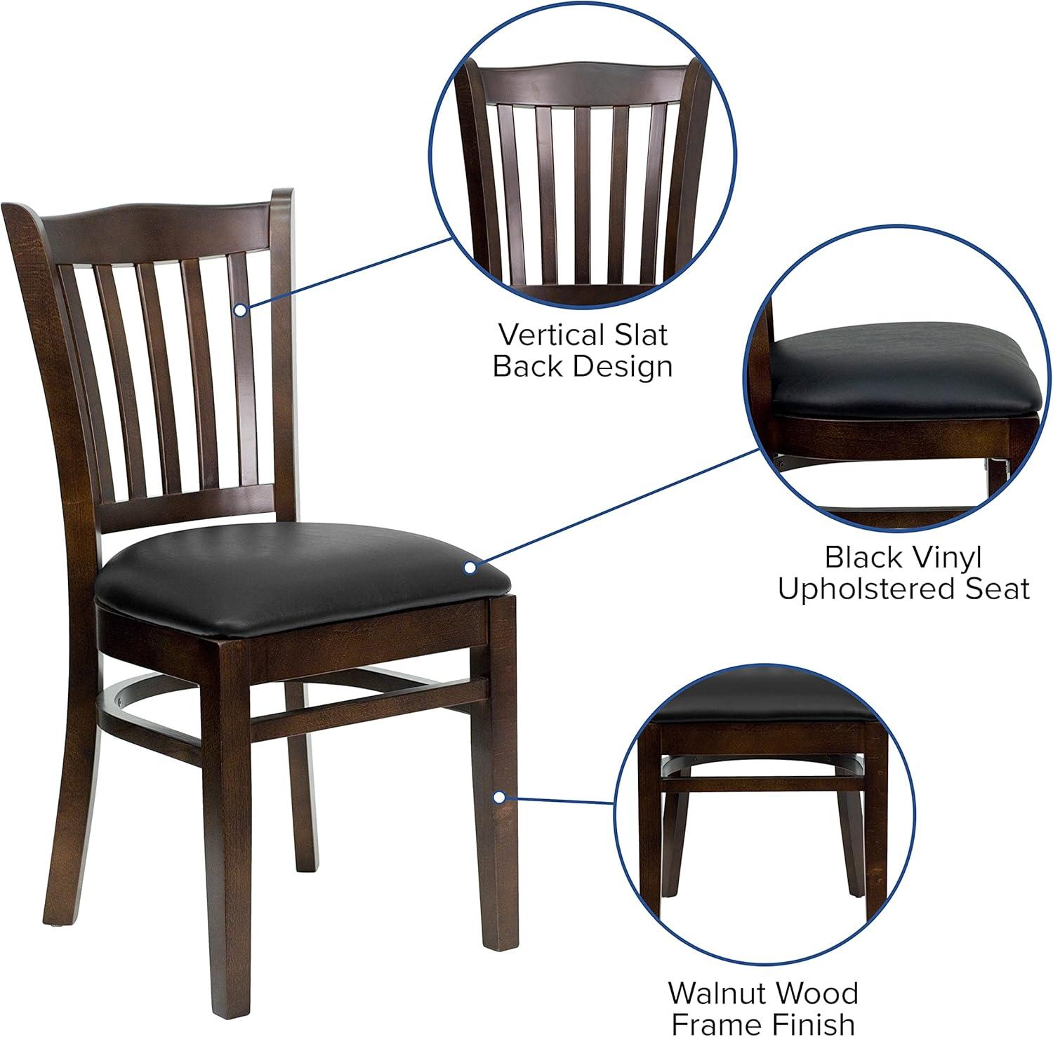 imageFlash Furniture HERCULES Series Vertical Slat Back Walnut Wood Restaurant ChairBlack Vinyl SeatWalnut Wood Frame