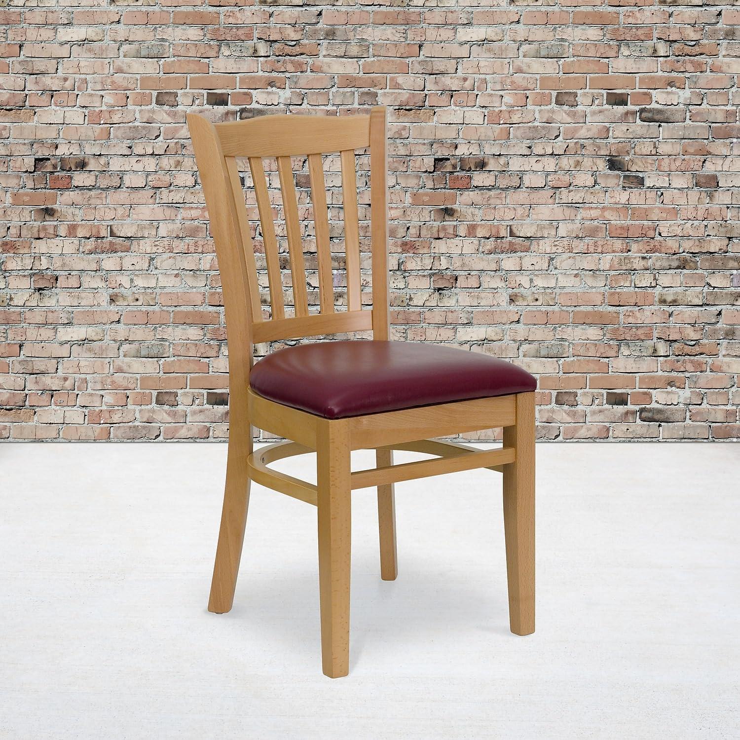imageFlash Furniture HERCULES Series Vertical Slat Back Walnut Wood Restaurant ChairBurgundy Vinyl SeatNatural Wood Frame