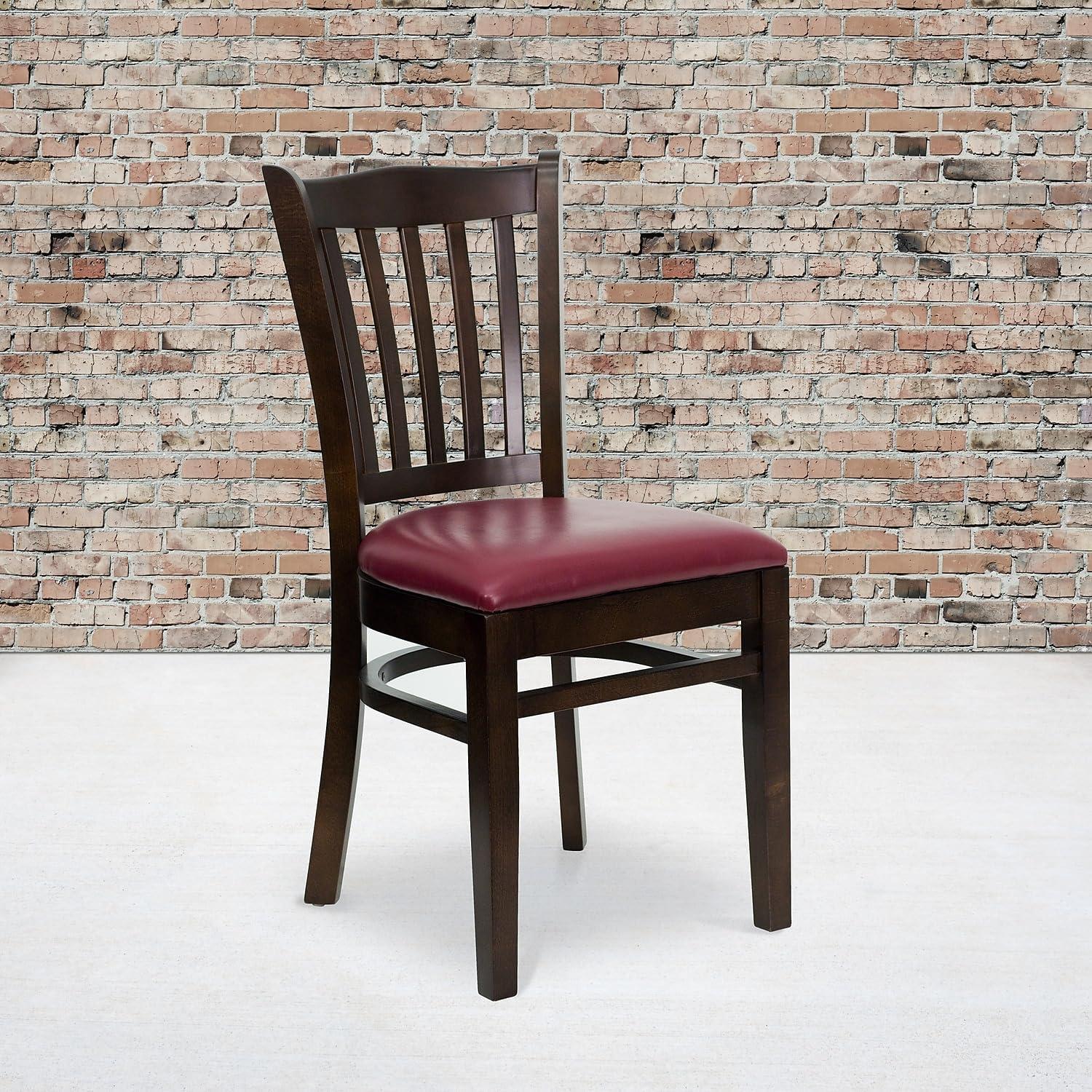imageFlash Furniture HERCULES Series Vertical Slat Back Walnut Wood Restaurant ChairBurgundy Vinyl SeatWalnut Wood Frame