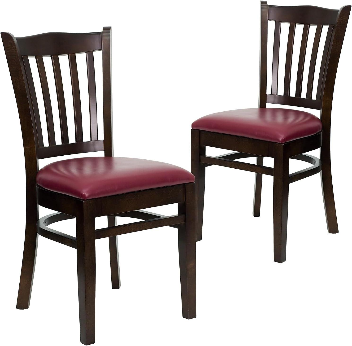 imageFlash Furniture HERCULES Series Vertical Slat Back Walnut Wood Restaurant ChairBurgundy Vinyl SeatWalnut Wood Frame