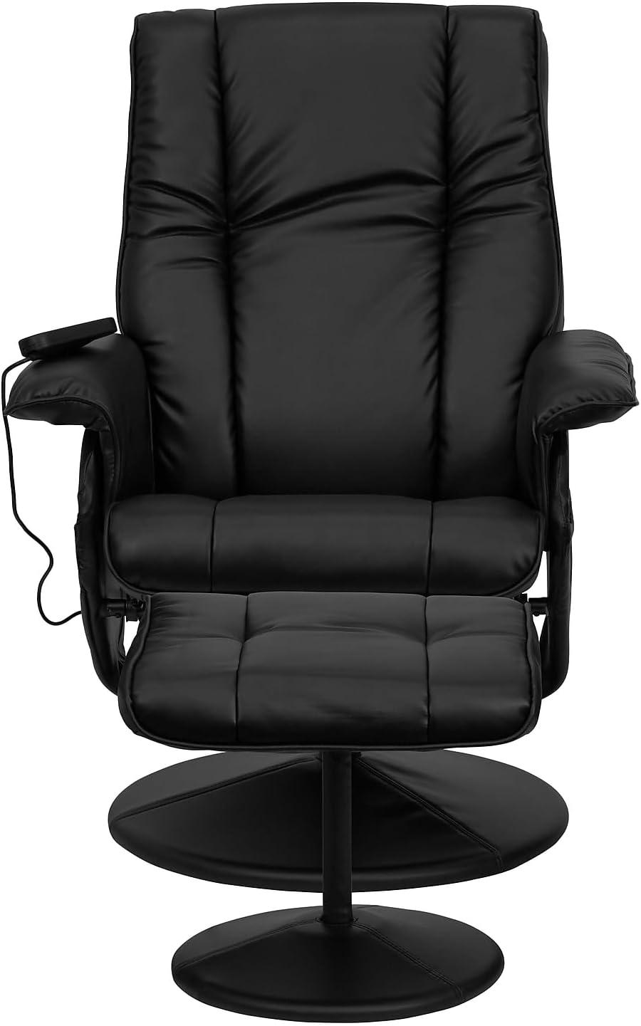 imageFlash Furniture Hall Massaging Heat Controlled Adjustable Recliner and Ottoman with Wrapped Base in Black LeatherSoftBlack