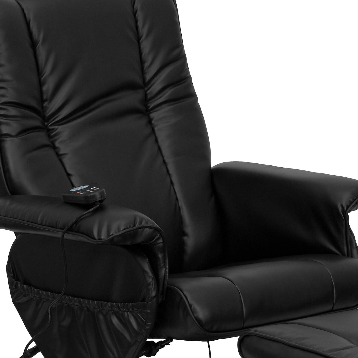 imageFlash Furniture Hall Massaging Heat Controlled Adjustable Recliner and Ottoman with Wrapped Base in Black LeatherSoftBlack