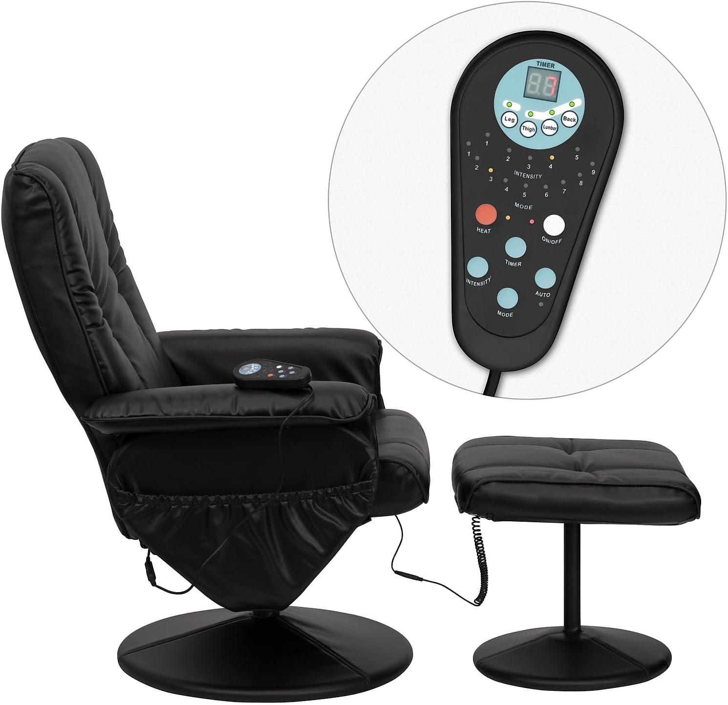 imageFlash Furniture Hall Massaging Heat Controlled Adjustable Recliner and Ottoman with Wrapped Base in Black LeatherSoftBlack