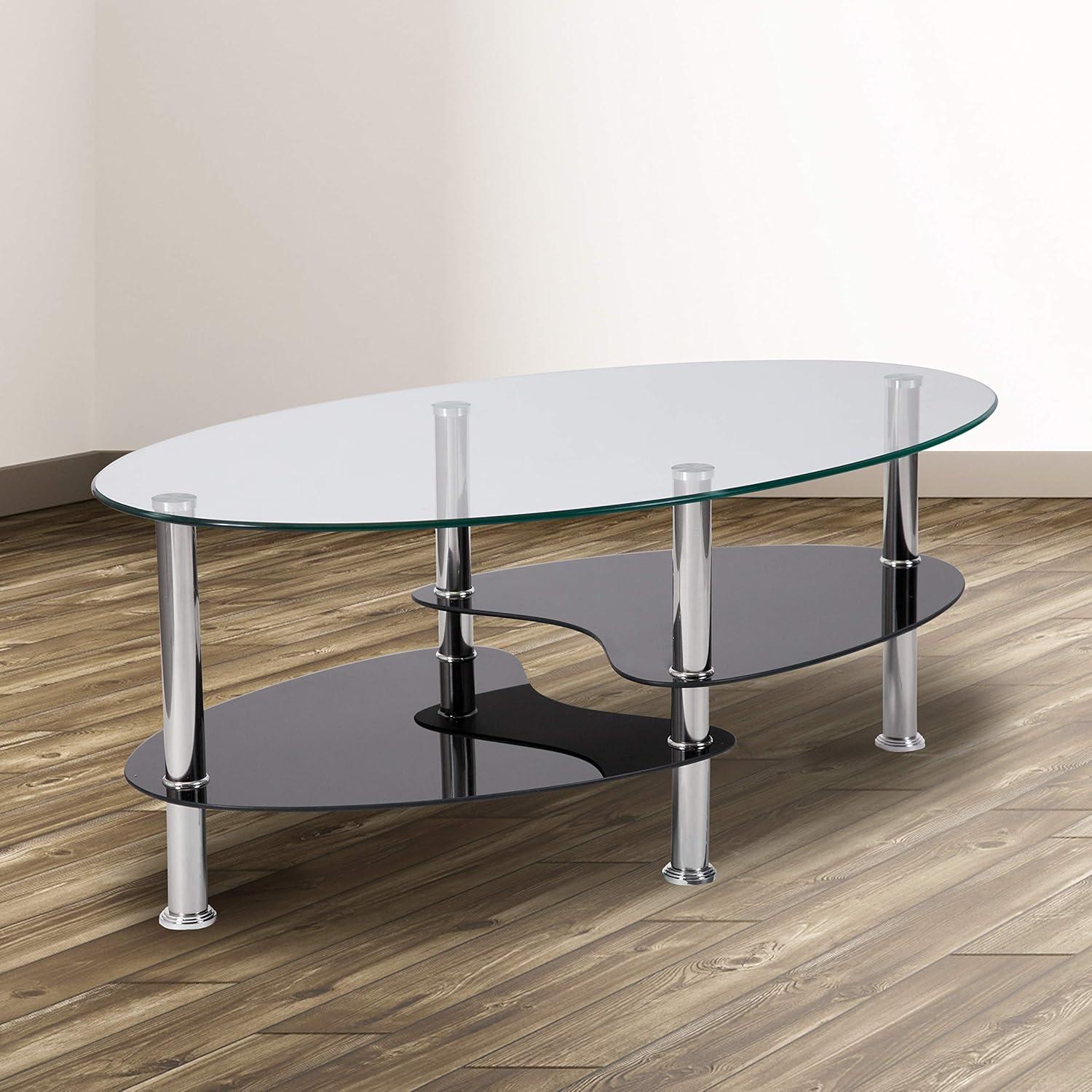 imageFlash Furniture Hampden Glass Coffee Table with Black Glass Shelves and Stainless Steel Legs