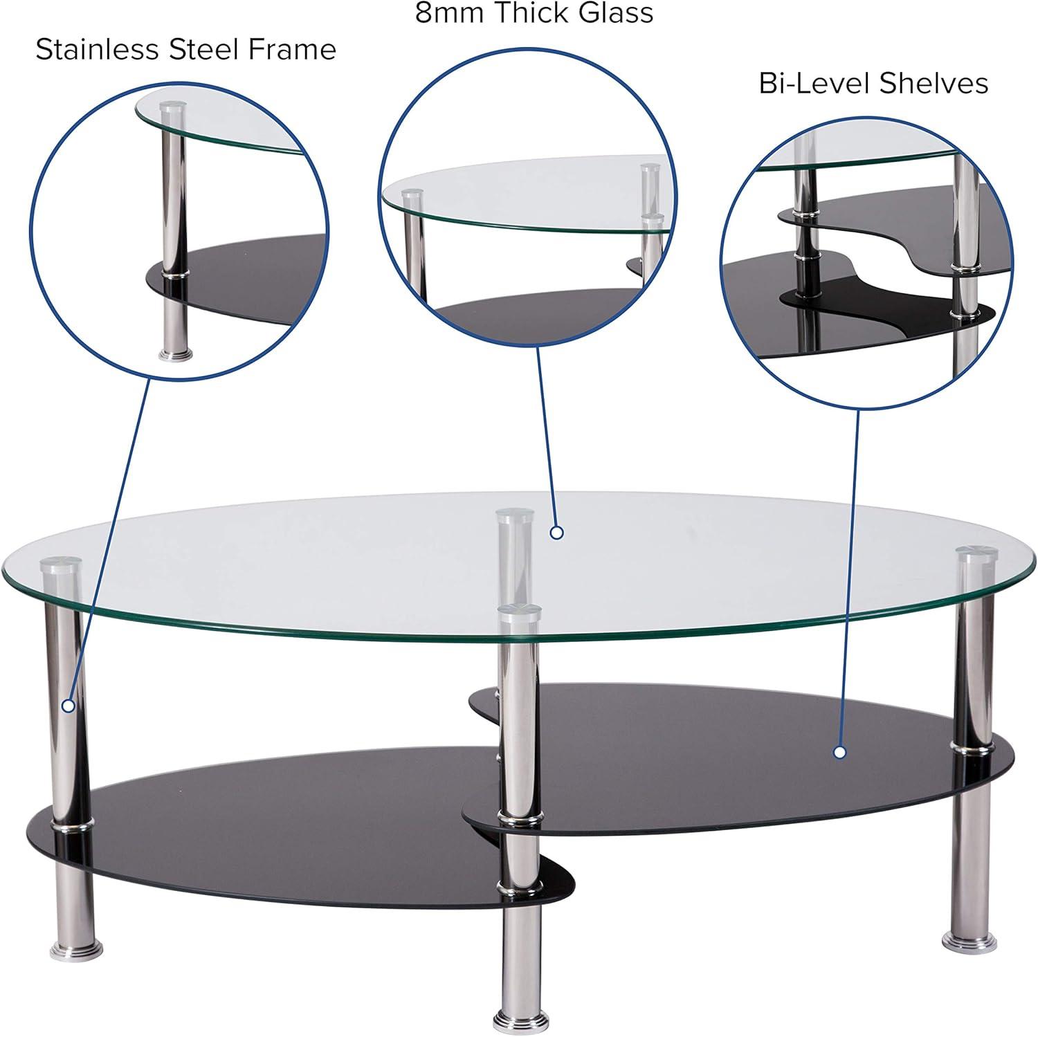 imageFlash Furniture Hampden Glass Coffee Table with Black Glass Shelves and Stainless Steel Legs