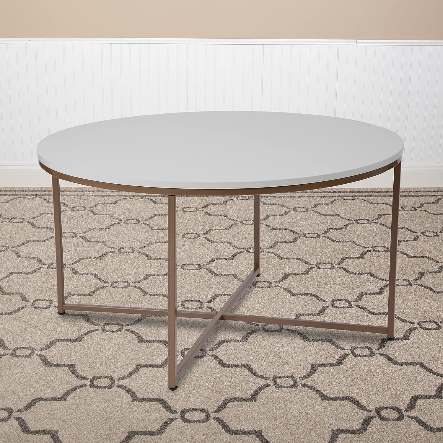 imageFlash Furniture Hampstead Collection Coffee Table Modern White Finish Coffee Table Crisscross Brushed Gold Frame