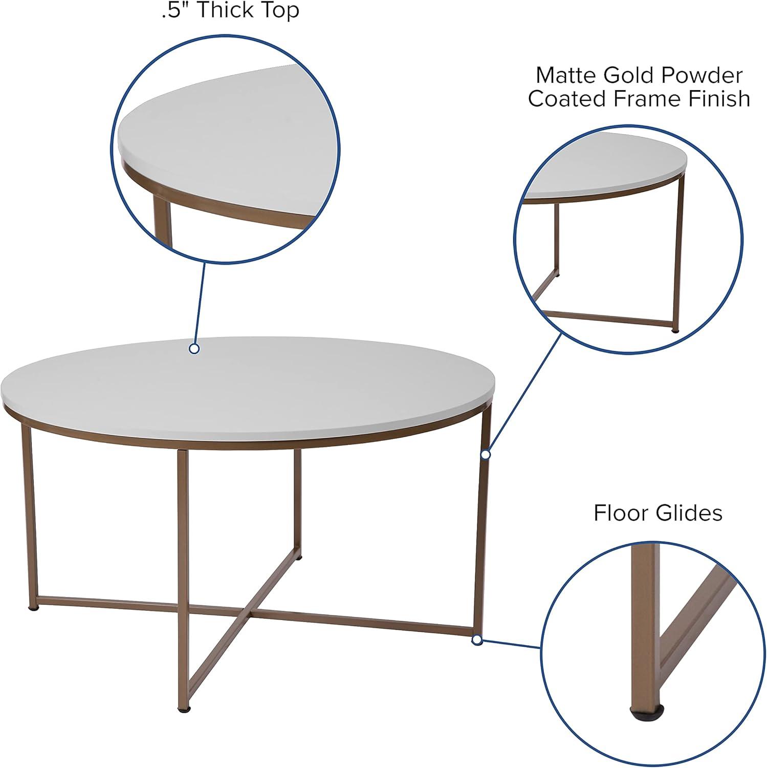 imageFlash Furniture Hampstead Collection Coffee Table Modern White Finish Coffee Table Crisscross Brushed Gold Frame