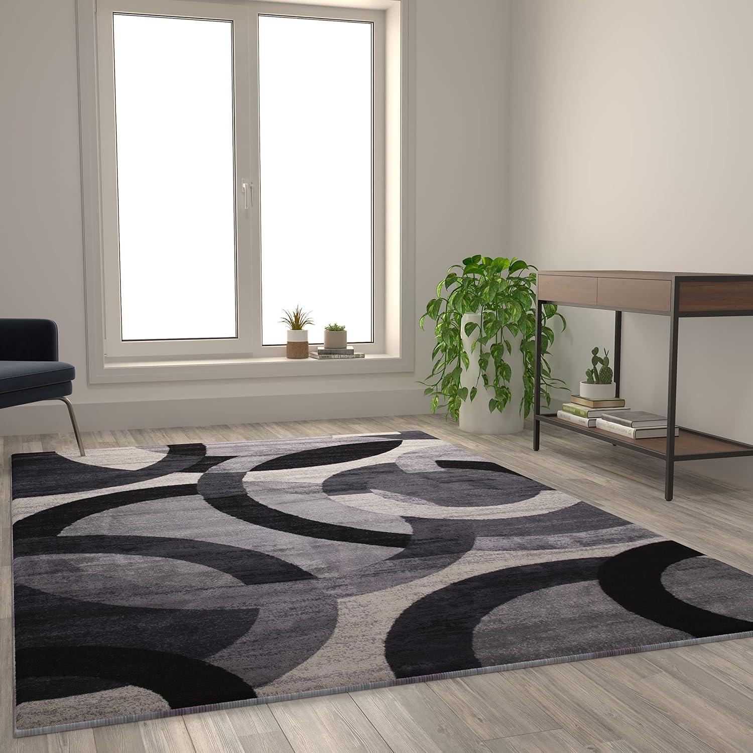 imageFlash Furniture Harken Collection 6 x 9 Geometric Area Rug Black and Gray Olefin Facing Jute Backing Living Room or Bedroom