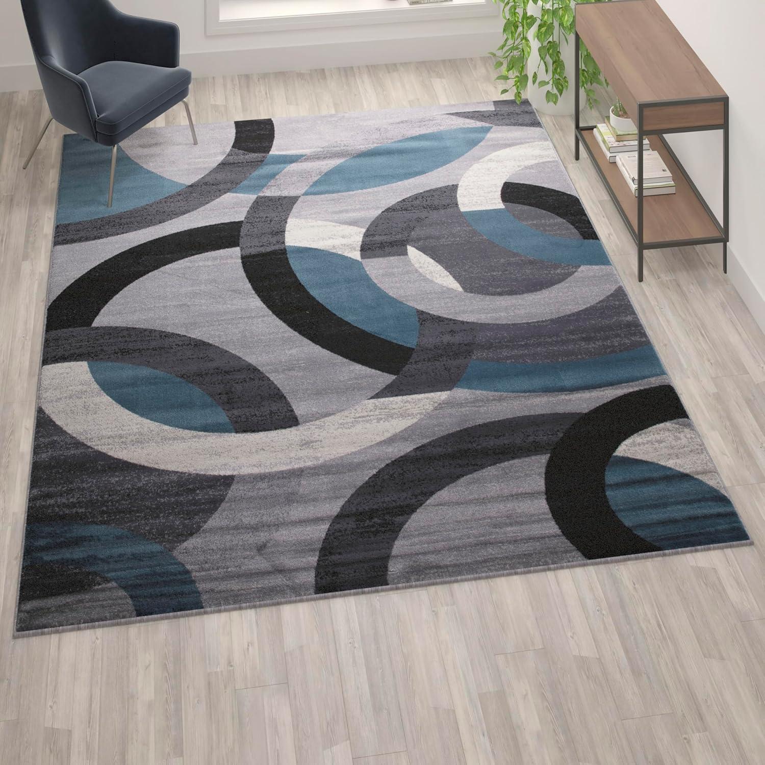imageFlash Furniture Harken Collection 8 x 10 Geometric Area Rug Black and Gray Olefin Facing Jute Backing Living Room or BedroomBlue