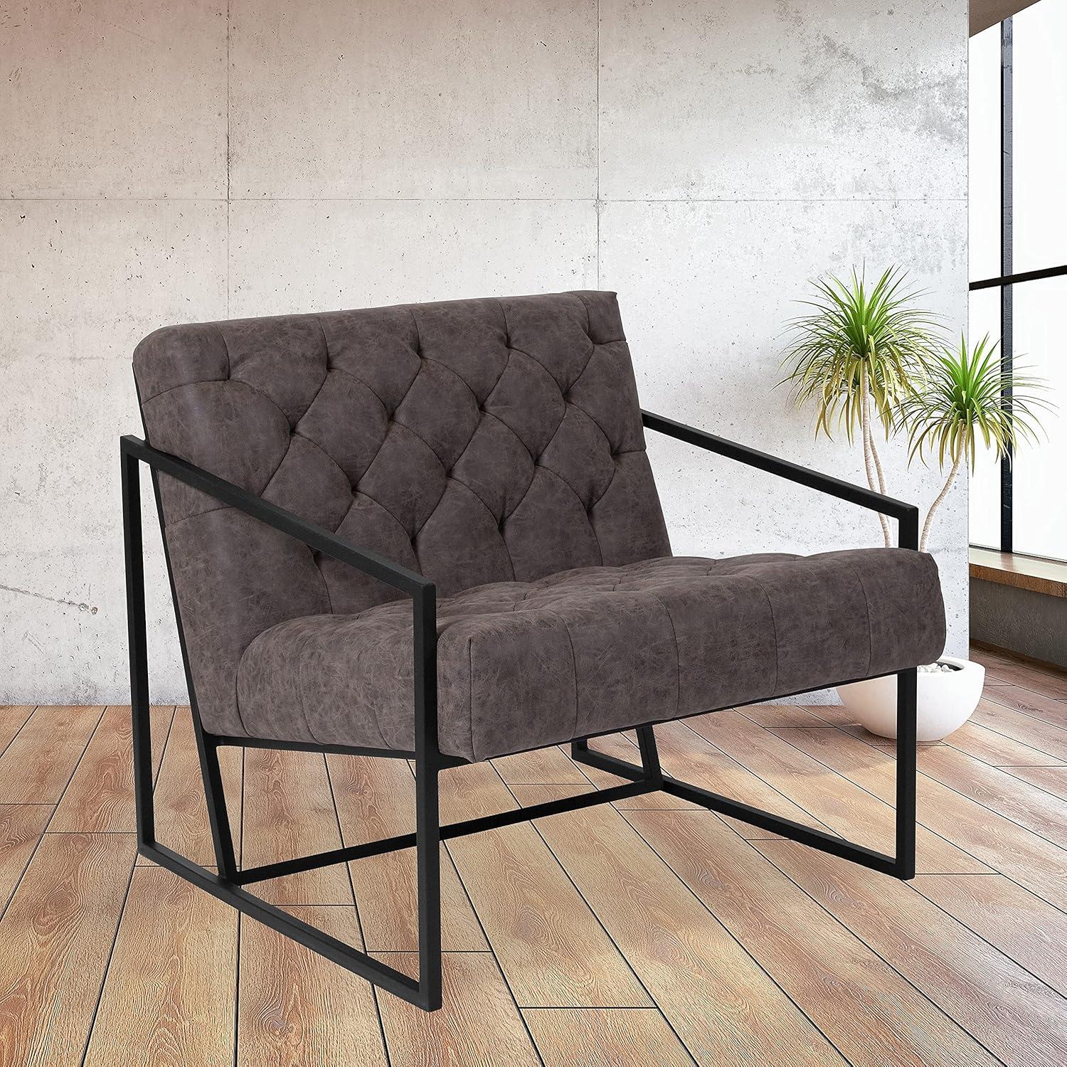 imageFlash Furniture Hercules Madison Series LeatherSoft Tufted Lounge Chair Tufted Retro Accent Chair for Living Room or Office BlackRetro Gray