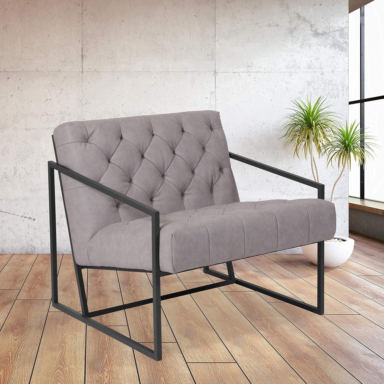imageFlash Furniture Hercules Madison Series LeatherSoft Tufted Lounge Chair Tufted Retro Accent Chair for Living Room or Office BlackRetro Light Gray