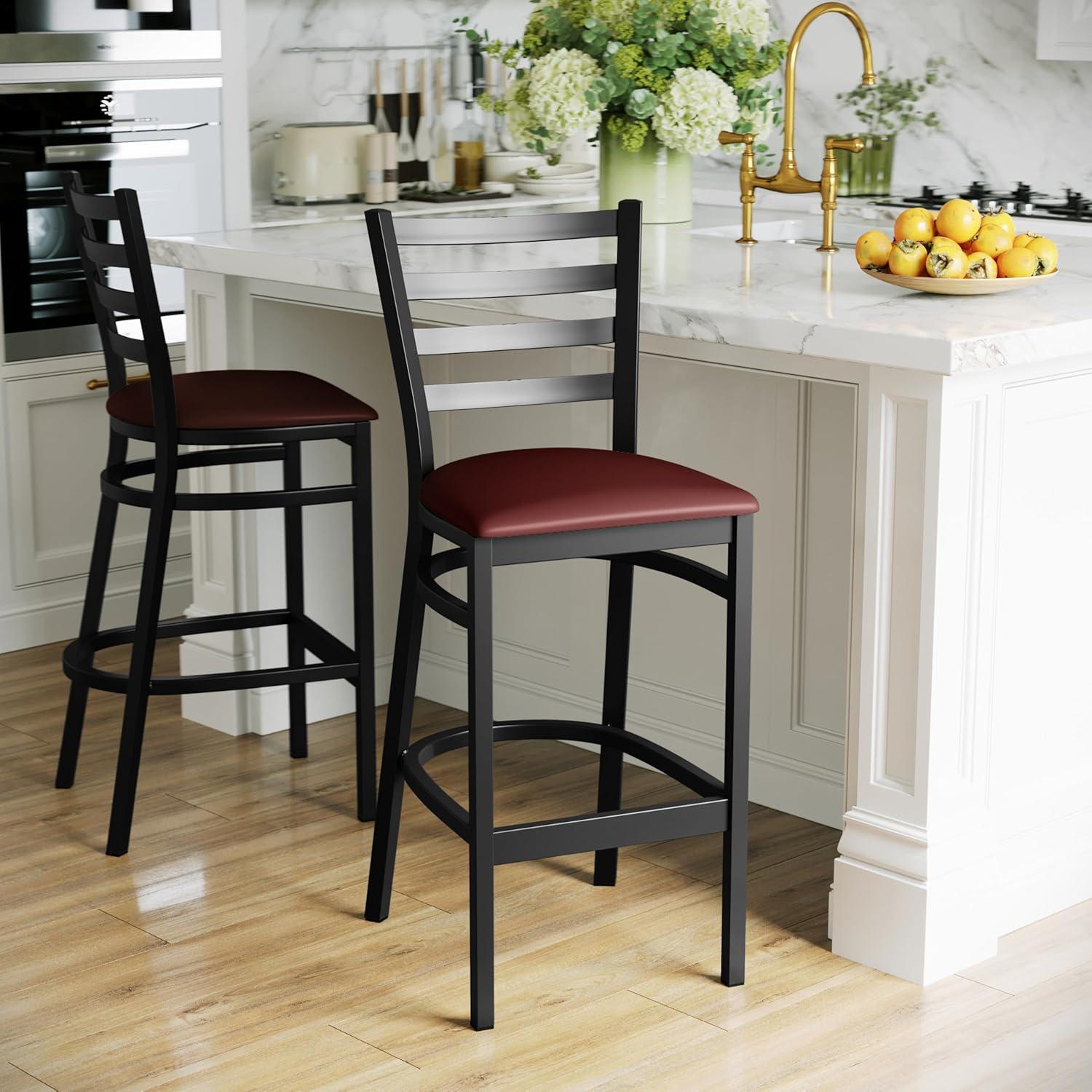 imageFlash Furniture Hercules Series Ladder Back Metal Restaurant Barstool Modern Upholstered Armless Bar Height Chair for Restaurants and Kitchens BlackBurgundy Vinyl SeatBlack Metal Frame