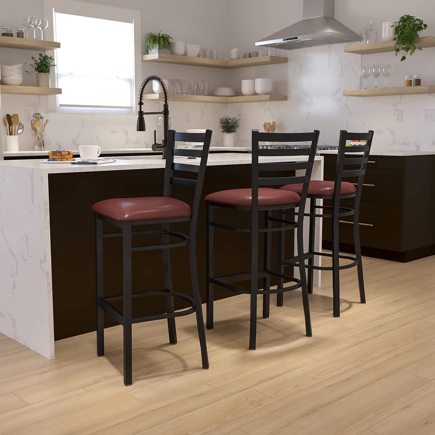 imageFlash Furniture Hercules Series Ladder Back Metal Restaurant Barstool Modern Upholstered Armless Bar Height Chair for Restaurants and Kitchens BlackBurgundy Vinyl SeatBlack Metal Frame