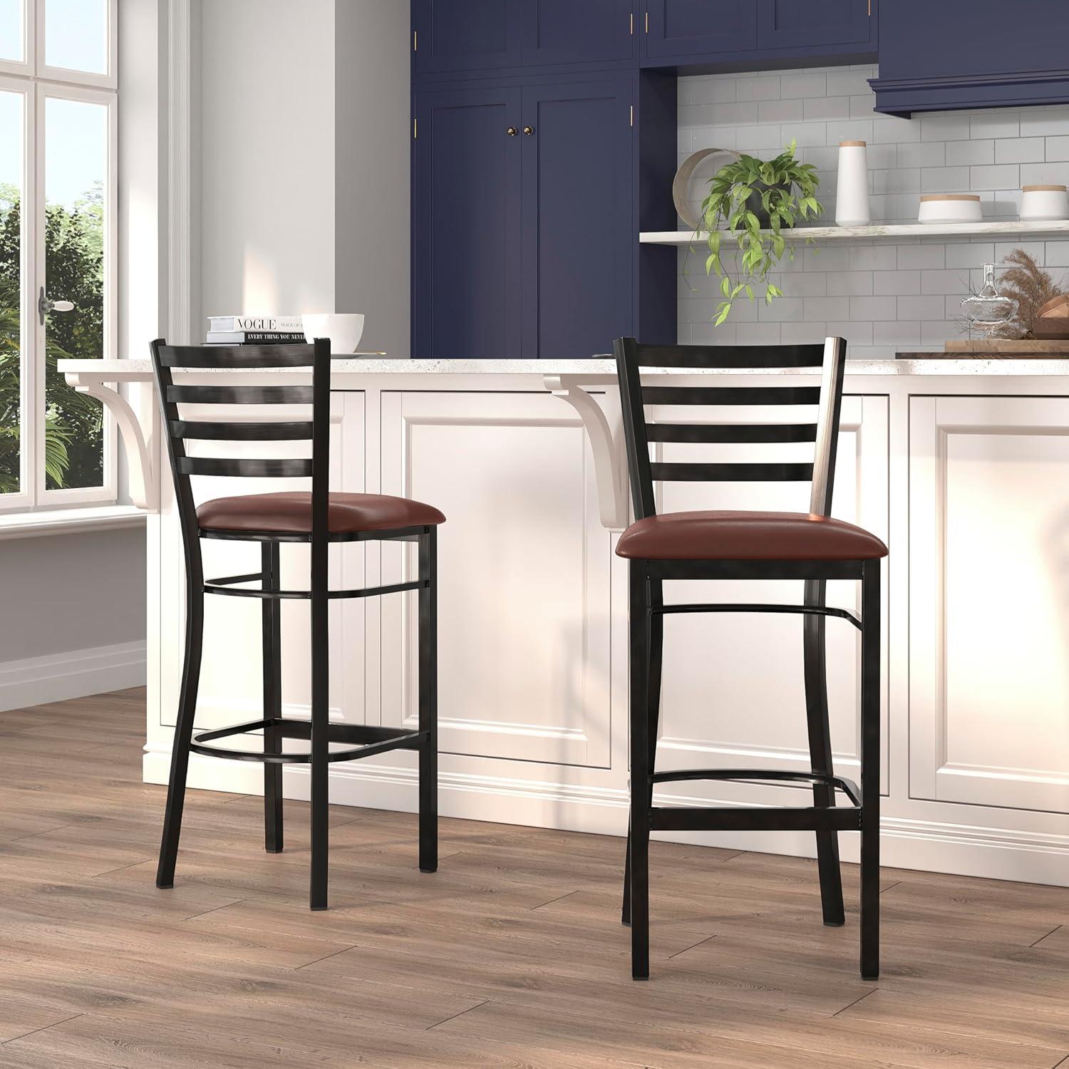 imageFlash Furniture Hercules Series Ladder Back Metal Restaurant Barstool Modern Upholstered Armless Bar Height Chair for Restaurants and Kitchens BlackBurgundy Vinyl SeatBlack Metal Frame