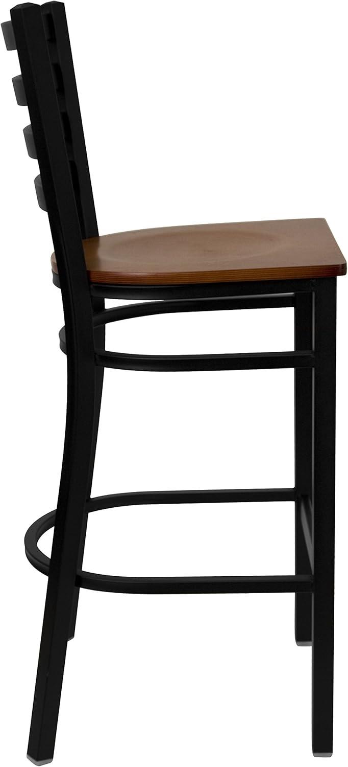 imageFlash Furniture Hercules Series Ladder Back Metal Restaurant Barstool Modern Upholstered Armless Bar Height Chair for Restaurants and Kitchens BlackCherry Wood SeatBlack Metal Frame