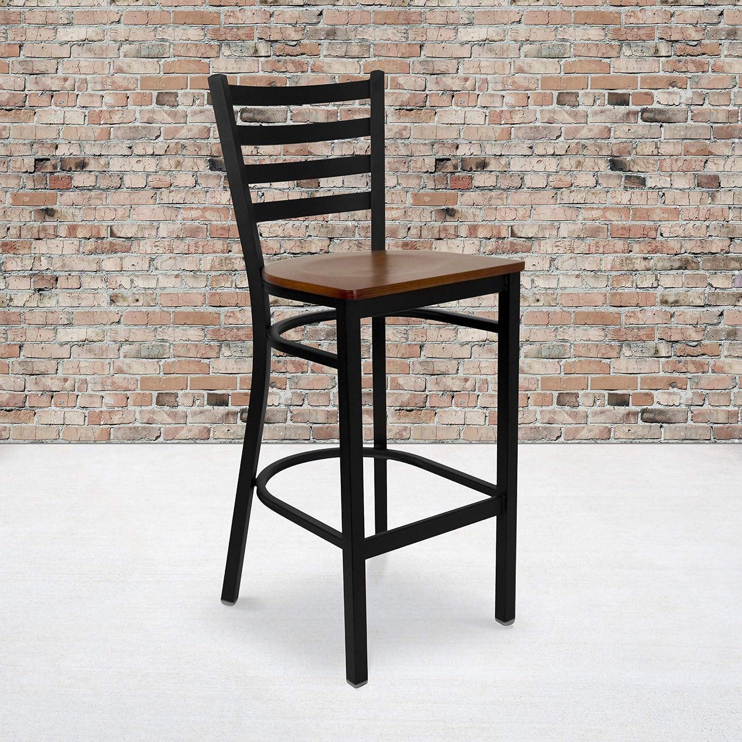 imageFlash Furniture Hercules Series Ladder Back Metal Restaurant Barstool Modern Upholstered Armless Bar Height Chair for Restaurants and Kitchens BlackCherry Wood SeatBlack Metal Frame