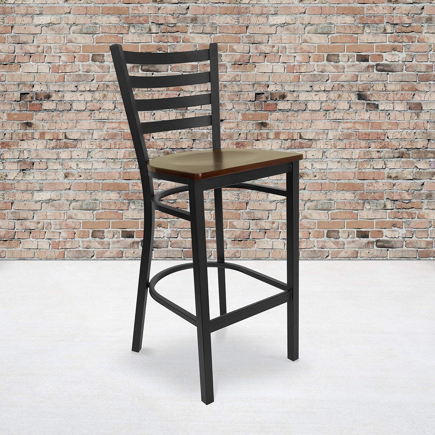 imageFlash Furniture Hercules Series Ladder Back Metal Restaurant Barstool Modern Upholstered Armless Bar Height Chair for Restaurants and Kitchens BlackMahogany Wood SeatBlack Metal Frame